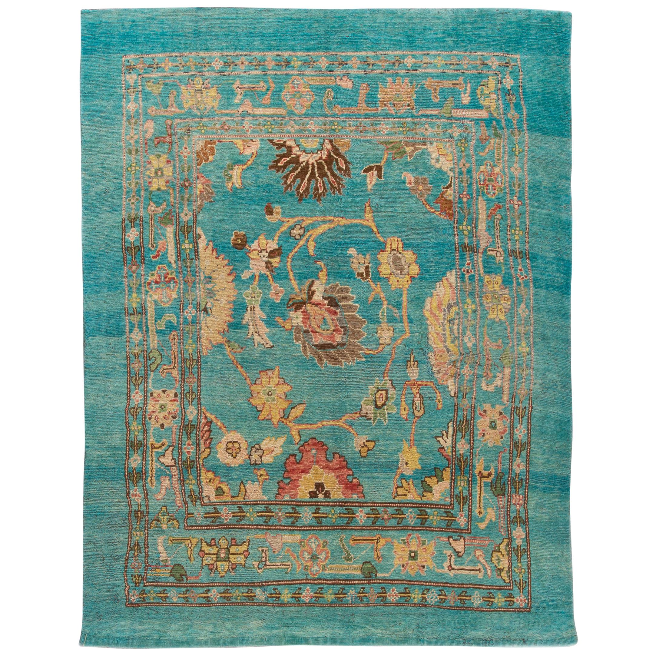 Modern Revival Blue Handmade Floral Wool Rug For Sale