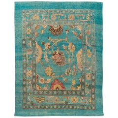 Modern Revival Blue Handmade Floral Wool Rug