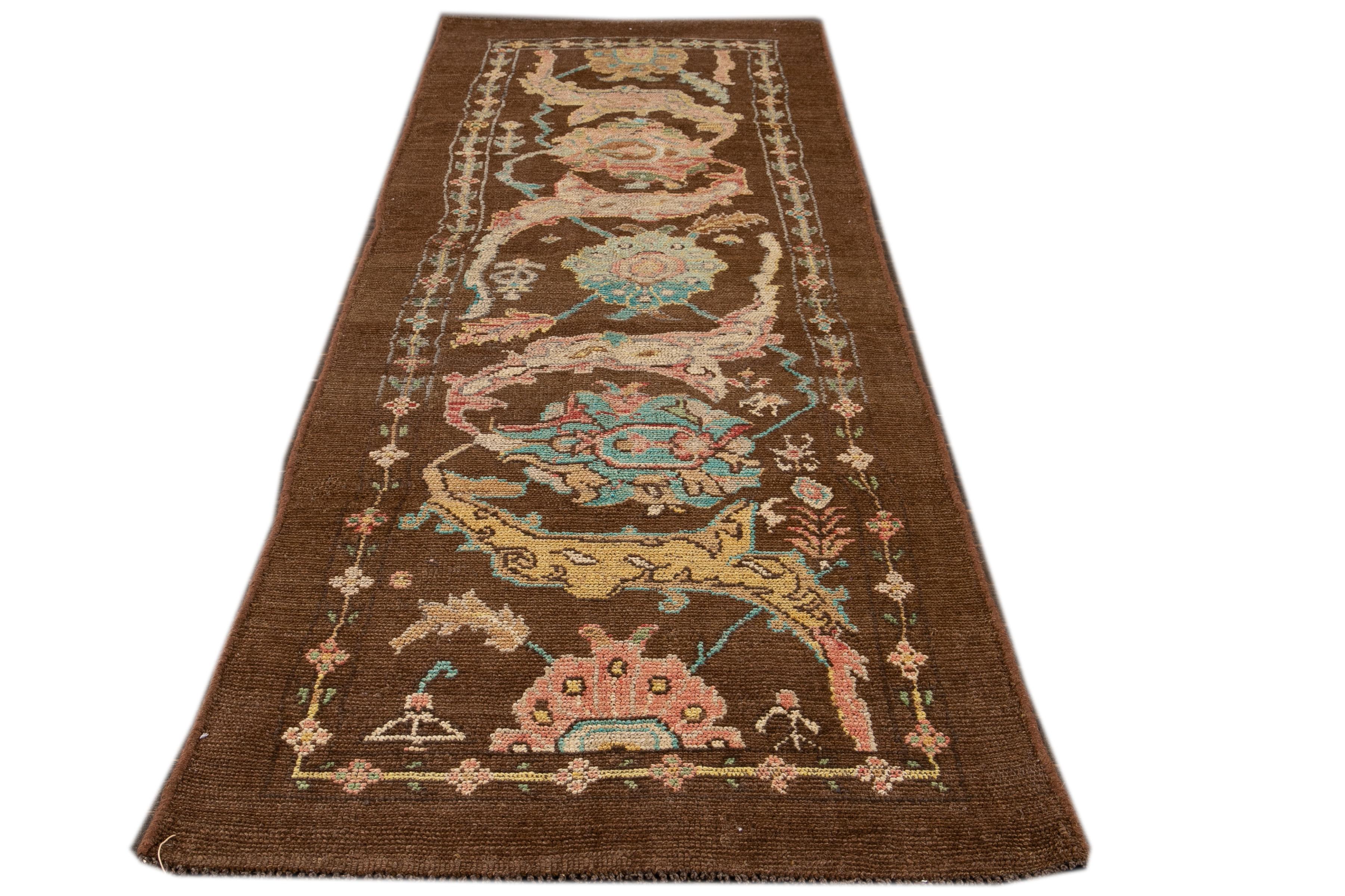 Regency Revival Modern Revival Brown Floral Handmade Wool Runner
