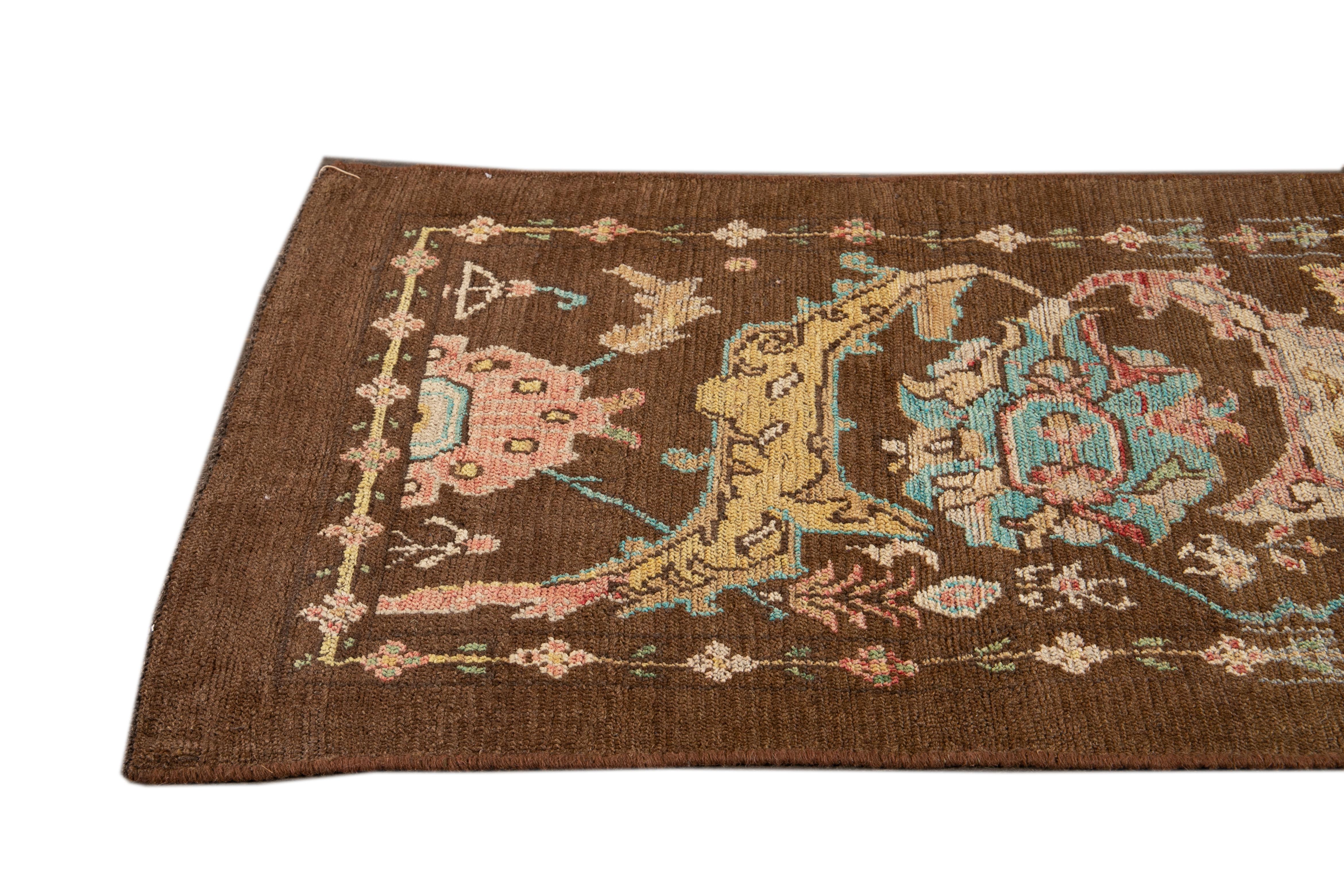 Afghan Modern Revival Brown Floral Handmade Wool Runner