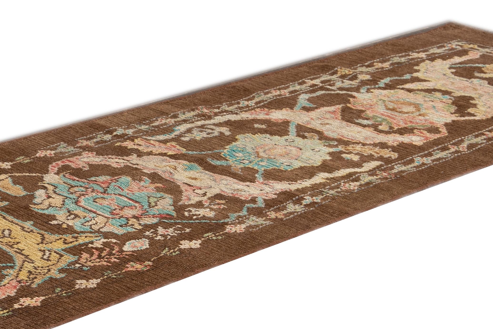 Hand-Knotted Modern Revival Brown Floral Handmade Wool Runner