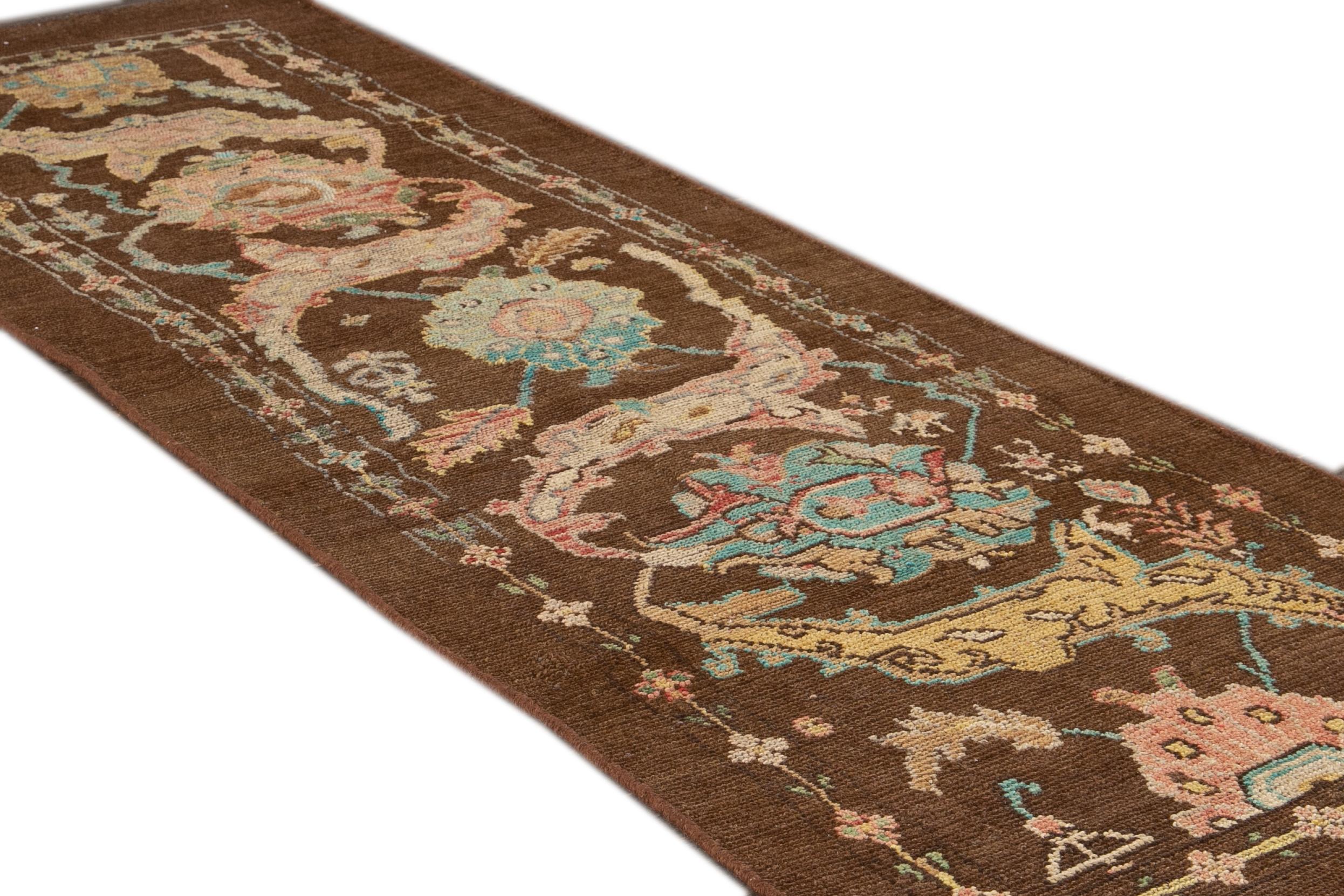 Contemporary Modern Revival Brown Floral Handmade Wool Runner