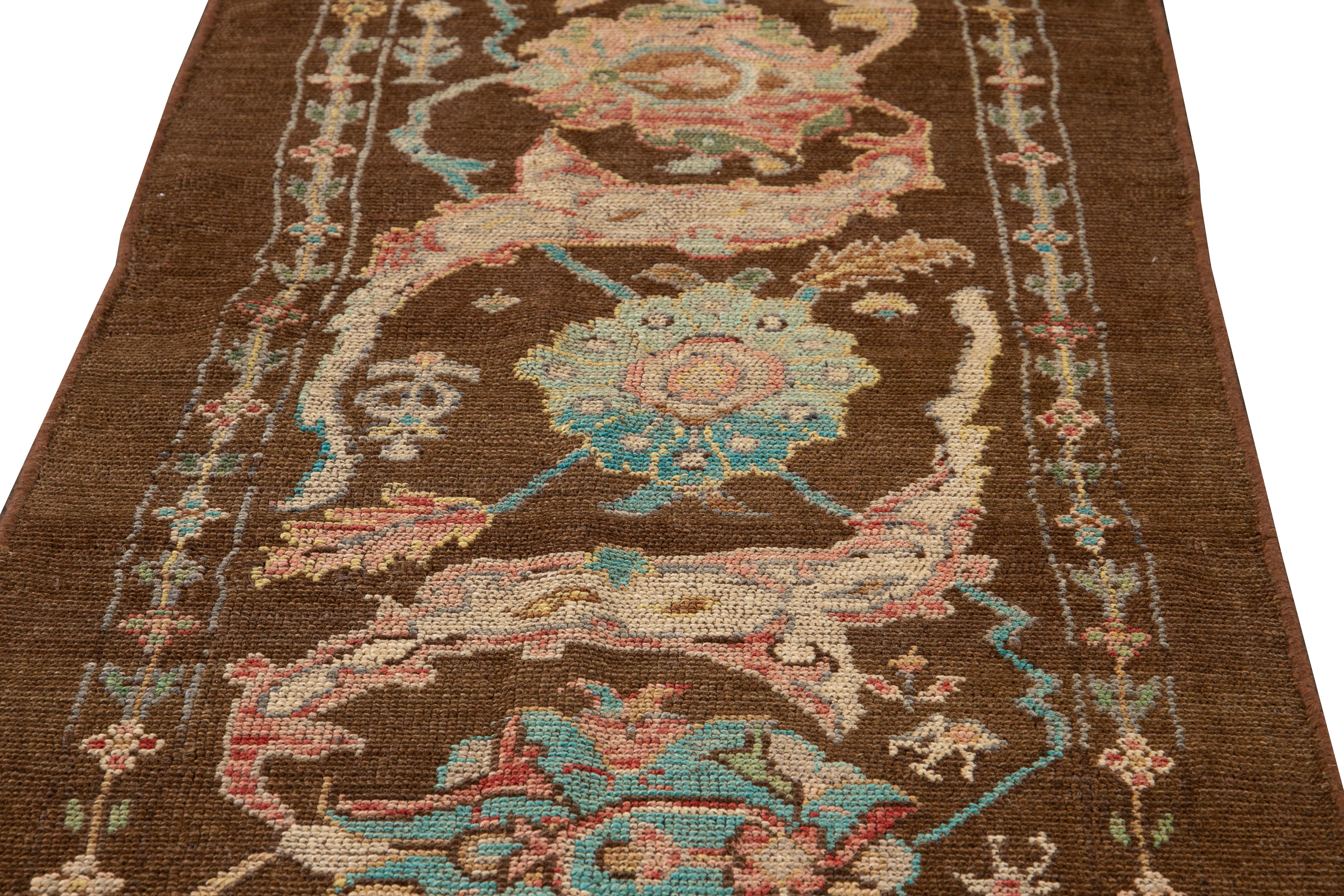 Modern Revival Brown Floral Handmade Wool Runner 1