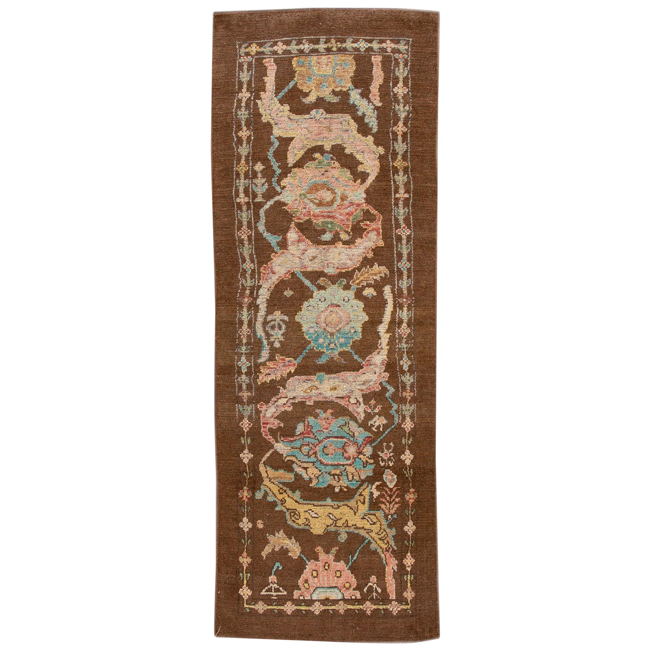 Tapis de couloir en laine marron à fleurs faites à la main de style néo-moderne