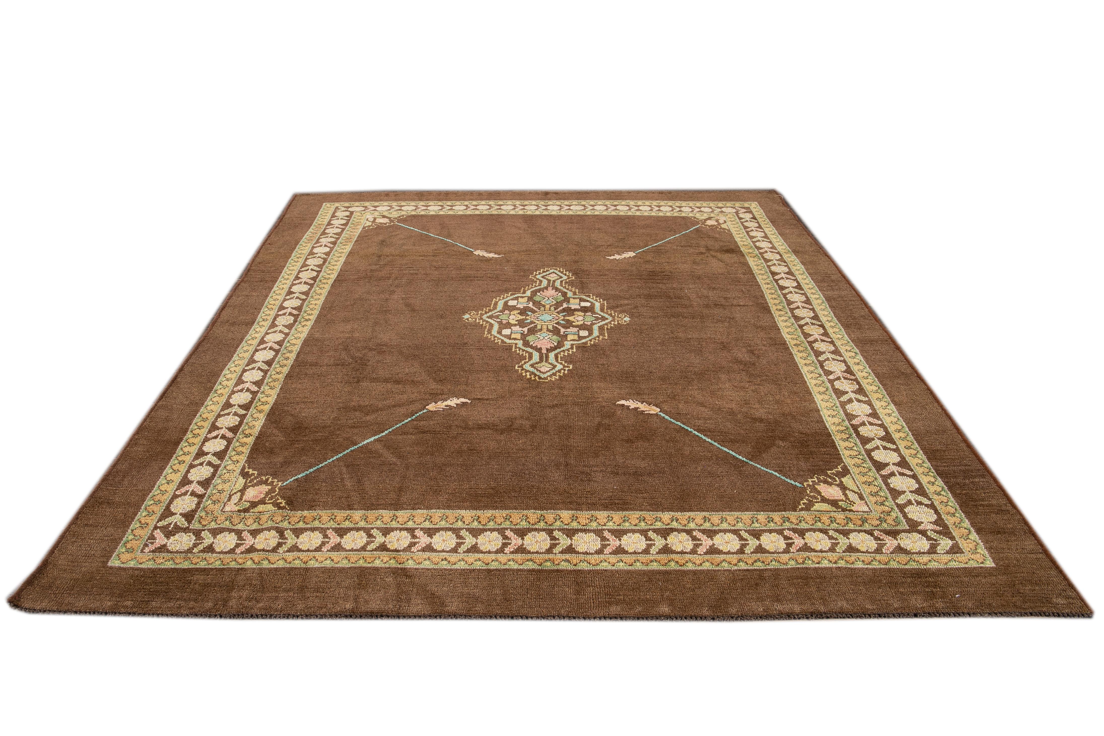 Regency Revival Modern Revival Brown Handmade Medallion Floral Wool Rug For Sale