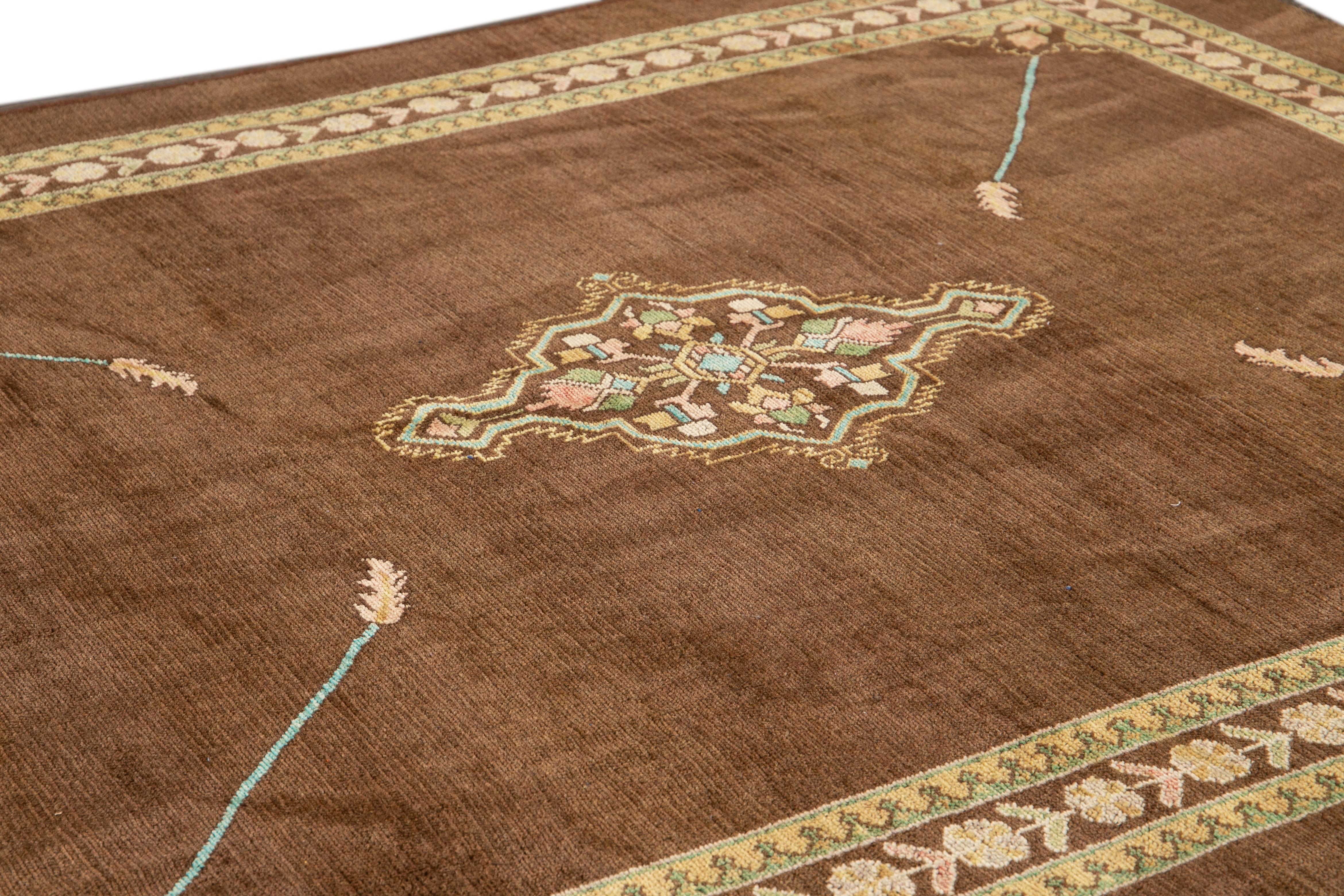 Hand-Knotted Modern Revival Brown Handmade Medallion Floral Wool Rug For Sale