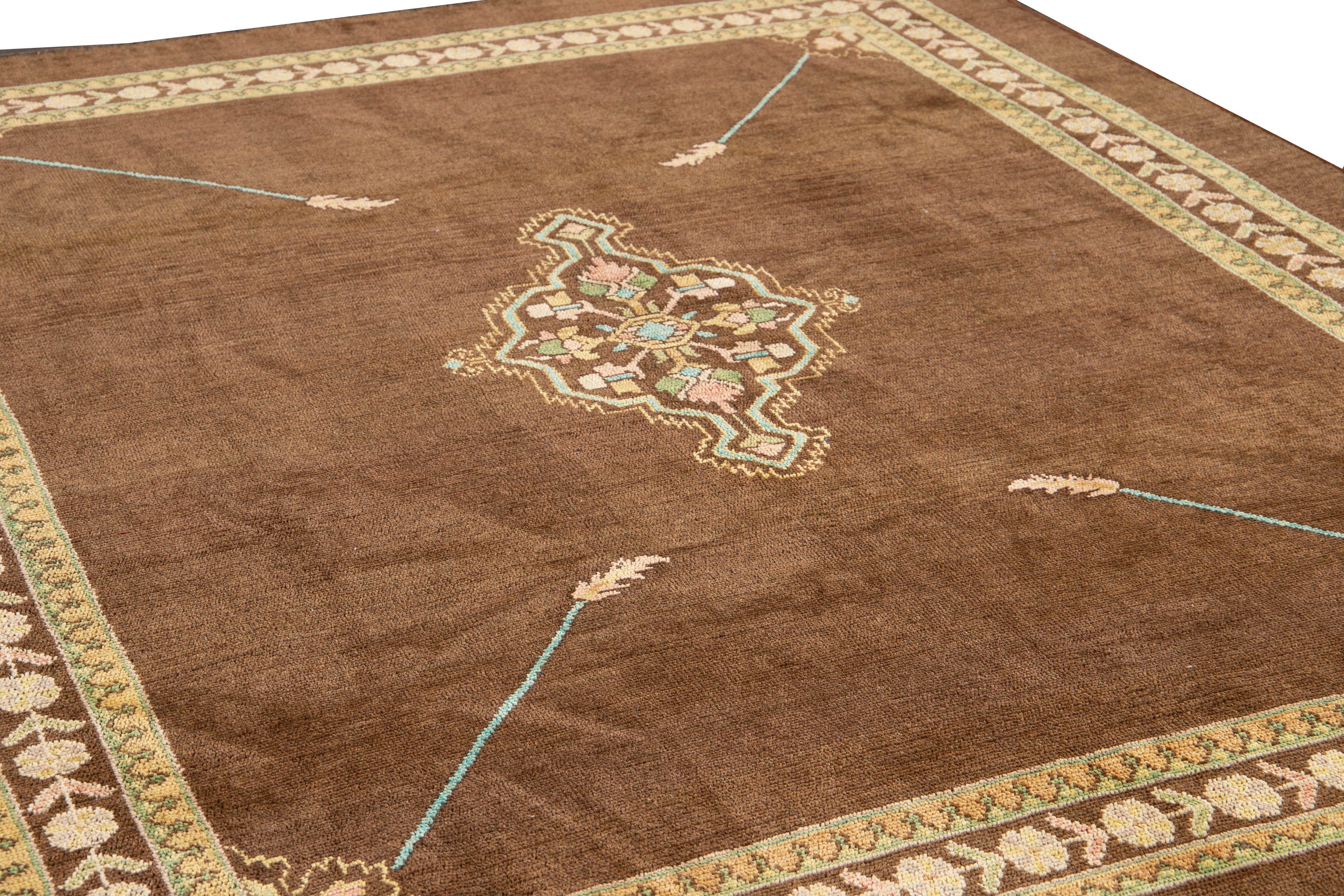 Contemporary Modern Revival Brown Handmade Medallion Floral Wool Rug For Sale
