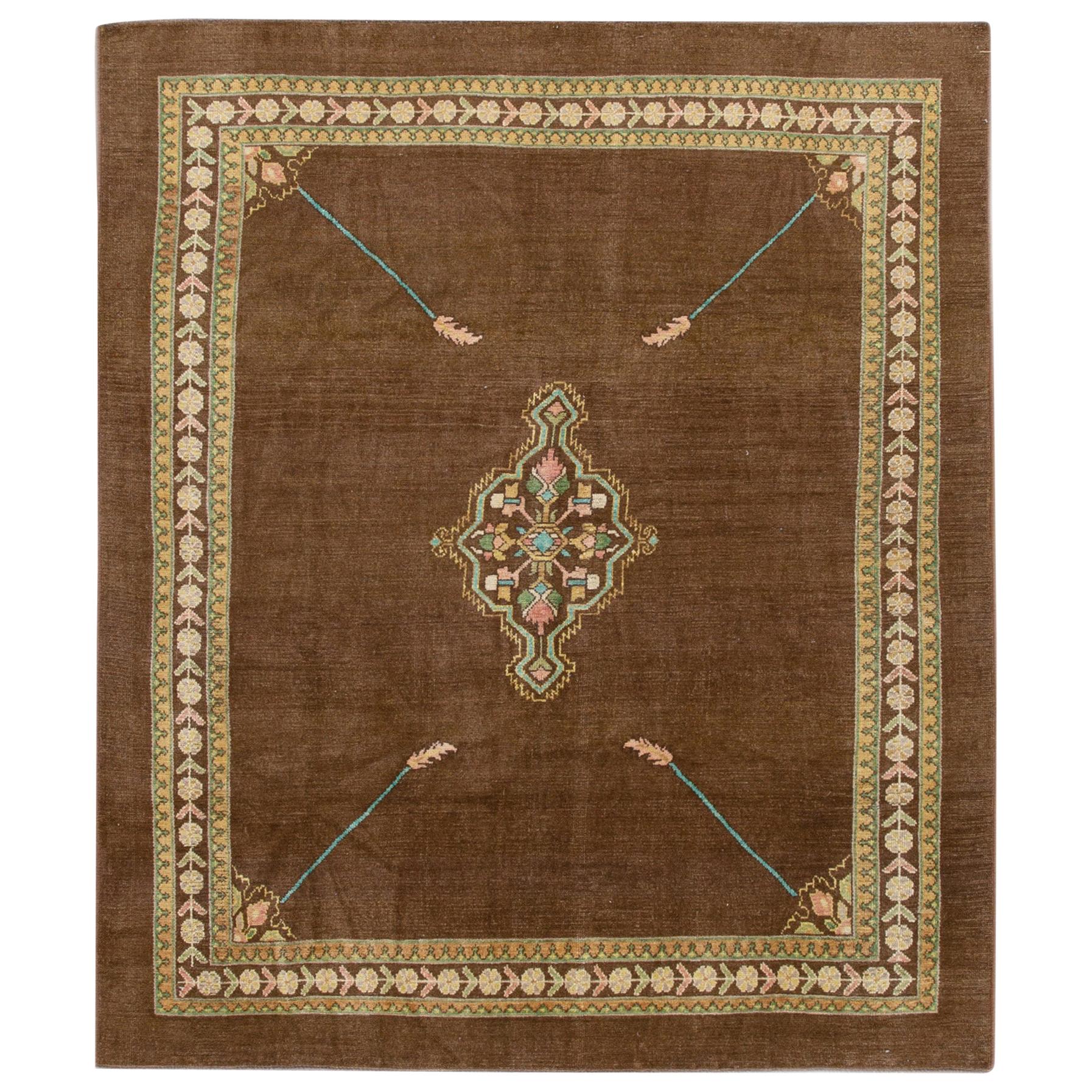 Modern Revival Brown Handmade Medallion Floral Wool Rug For Sale