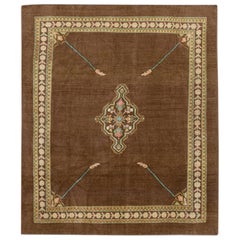 Brauner handgefertigter Medaillon-Teppich aus geblümter Wolle, Modern Revival