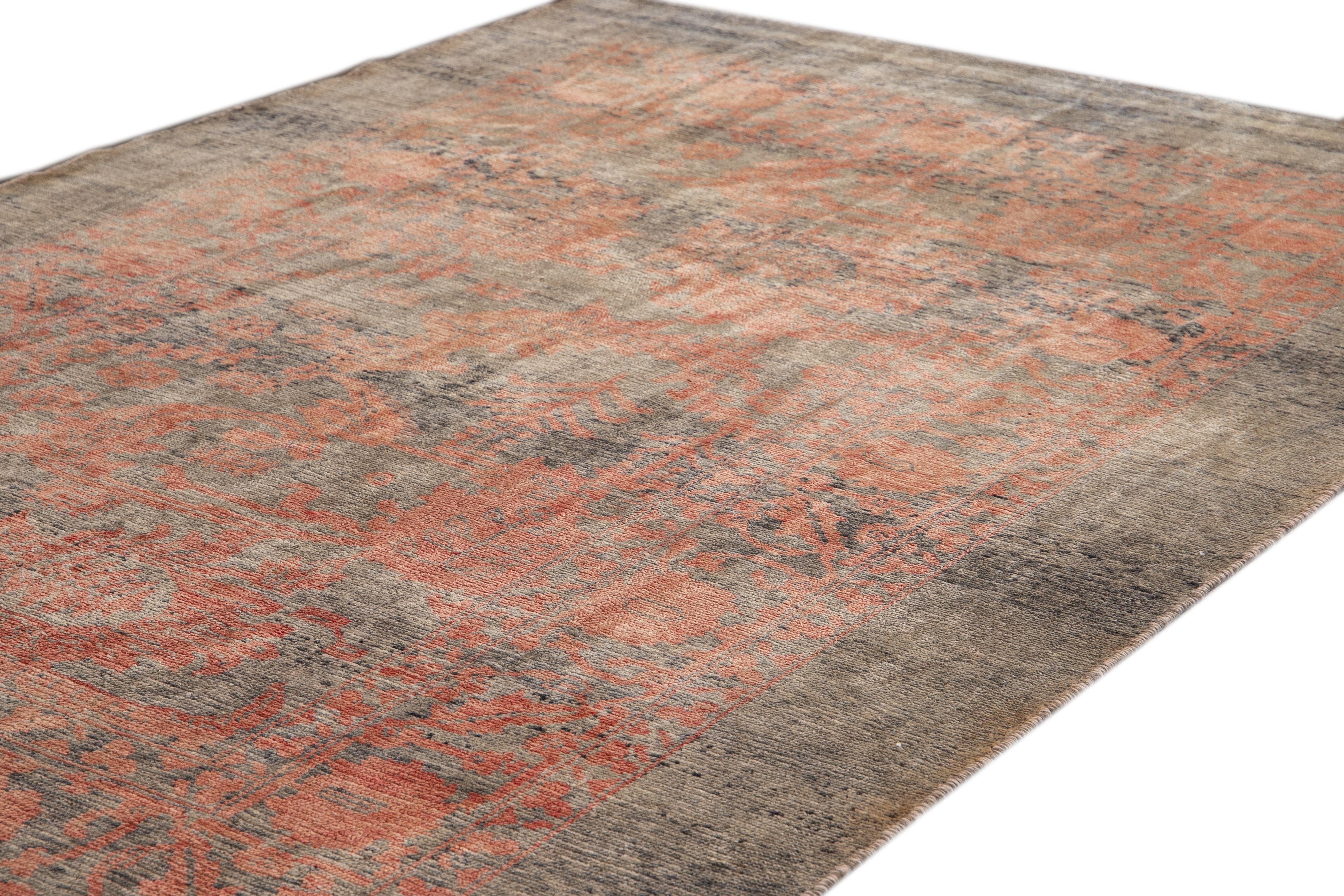 Hand-Knotted Modern Revival Gray and Orange Handmade Floral Wool Rug For Sale