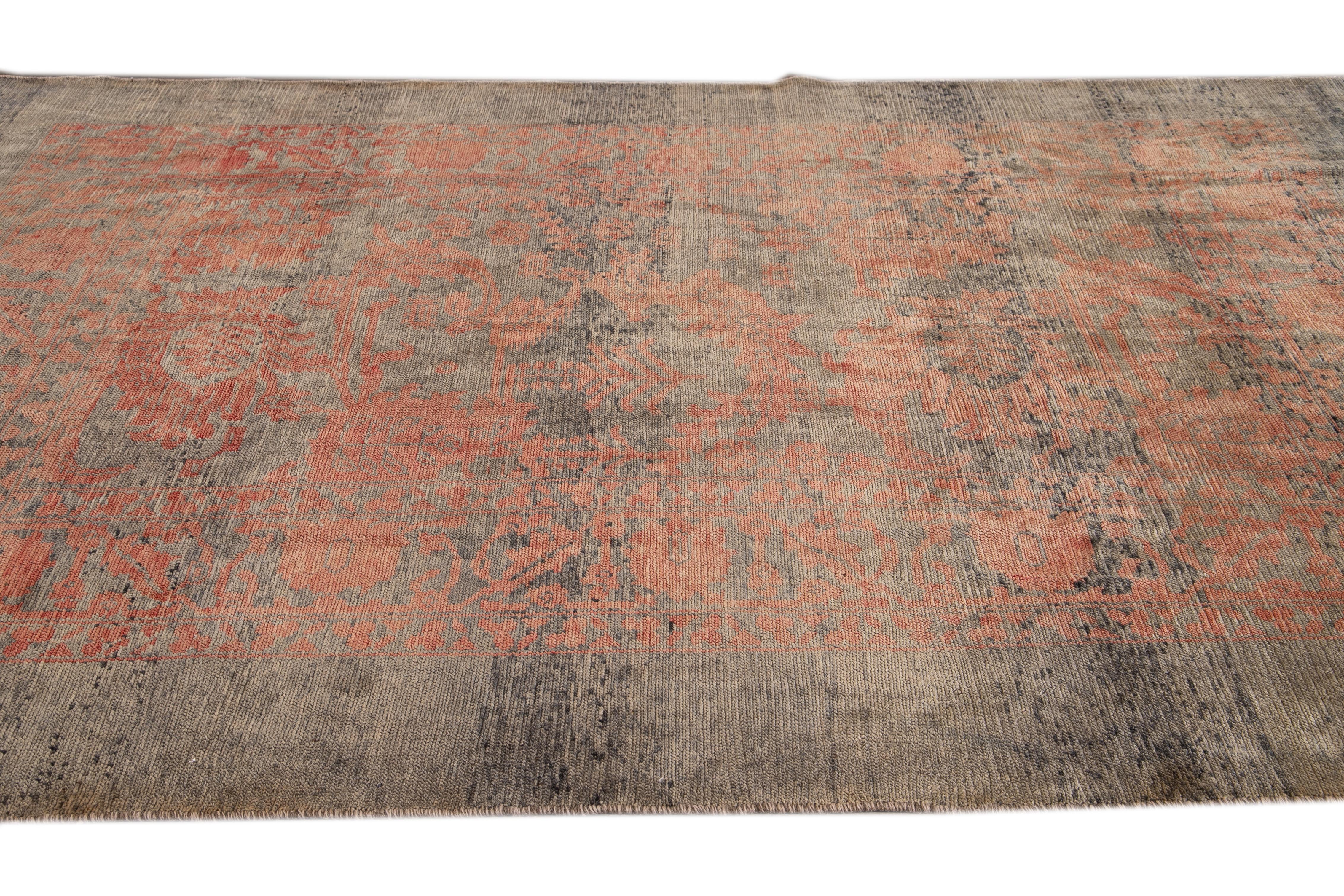 Modern Revival Gray and Orange Handmade Floral Wool Rug In New Condition For Sale In Norwalk, CT