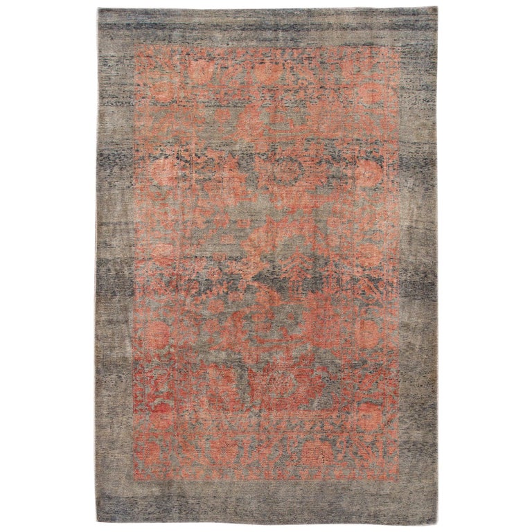 Modern Revival Gray and Orange Handmade Floral Wool Rug For Sale at 1stDibs