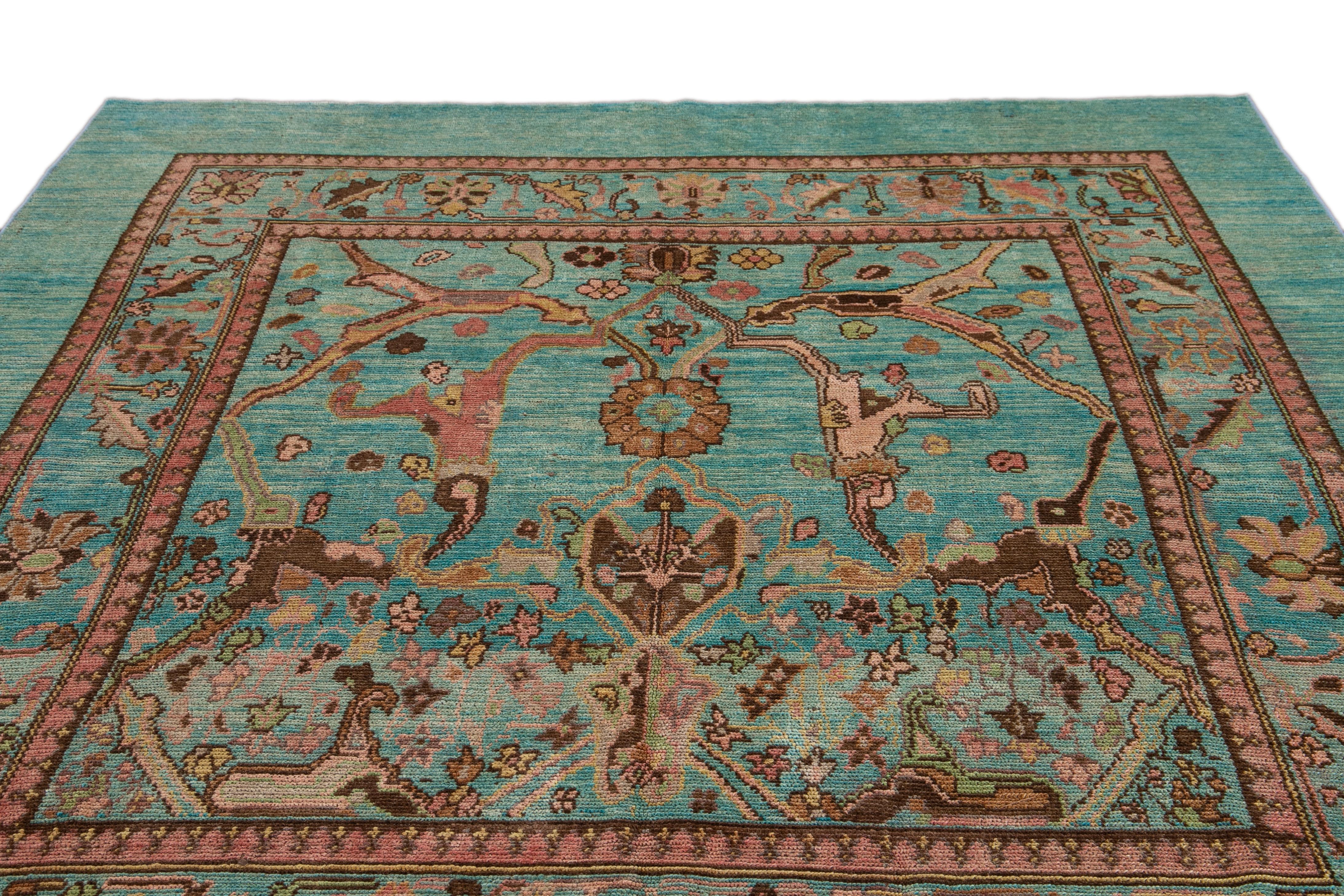Hand-Knotted Modern Revival Handmade Teal Floral Wool Rug For Sale