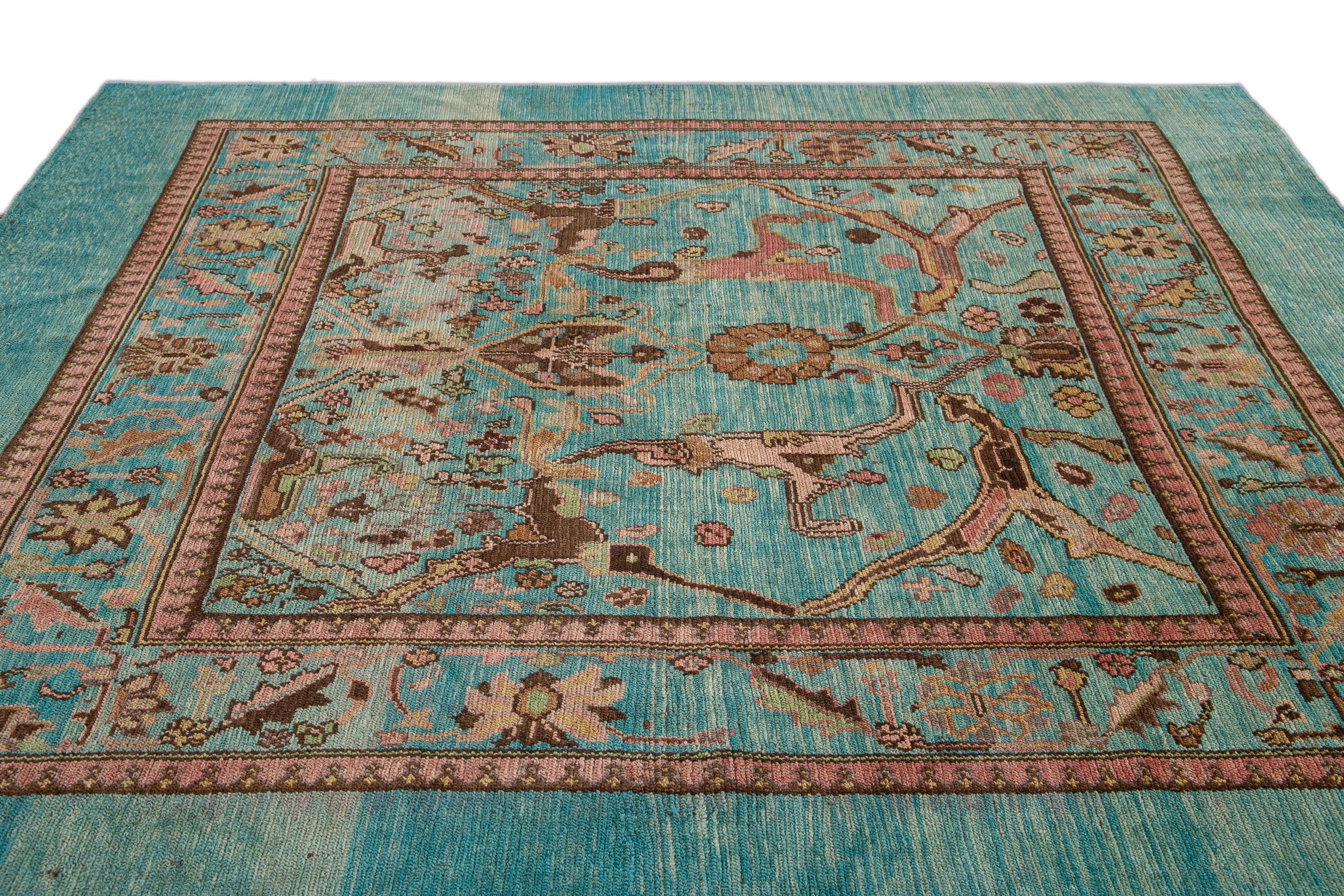 Modern Revival Handmade Teal Floral Wool Rug In New Condition For Sale In Norwalk, CT