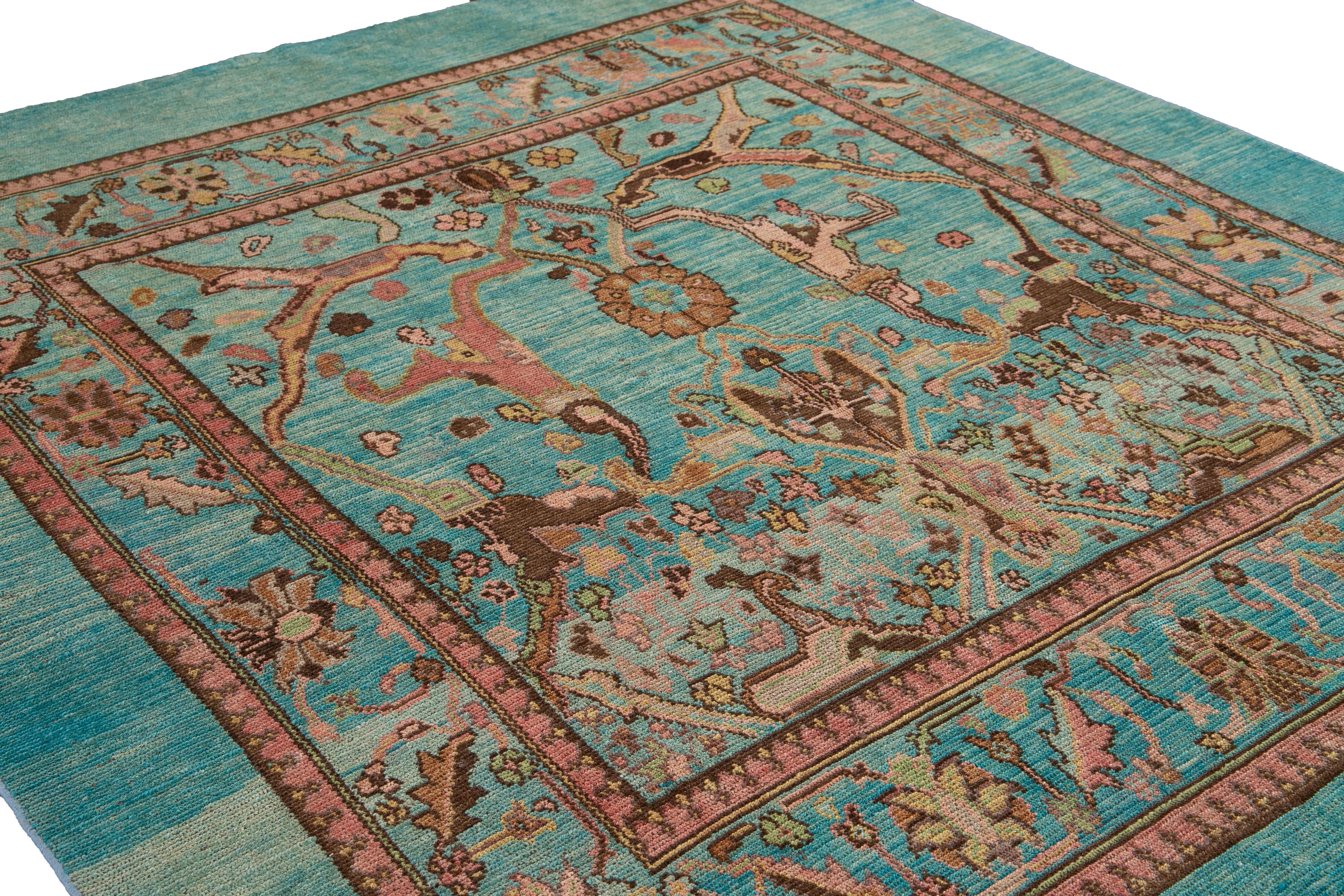 Contemporary Modern Revival Handmade Teal Floral Wool Rug For Sale