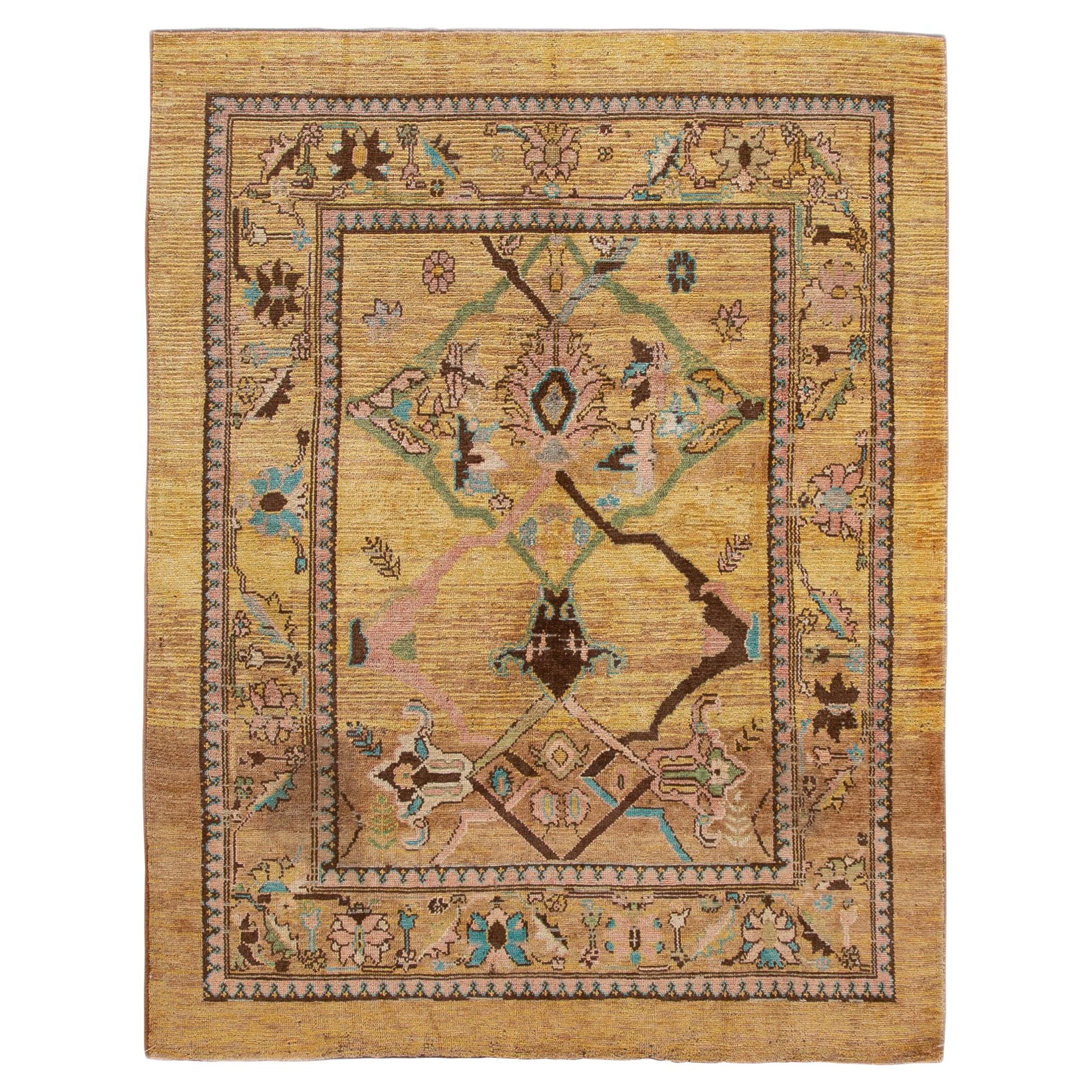 Modern Revival Yellow Handmade Floral Wool Rug For Sale