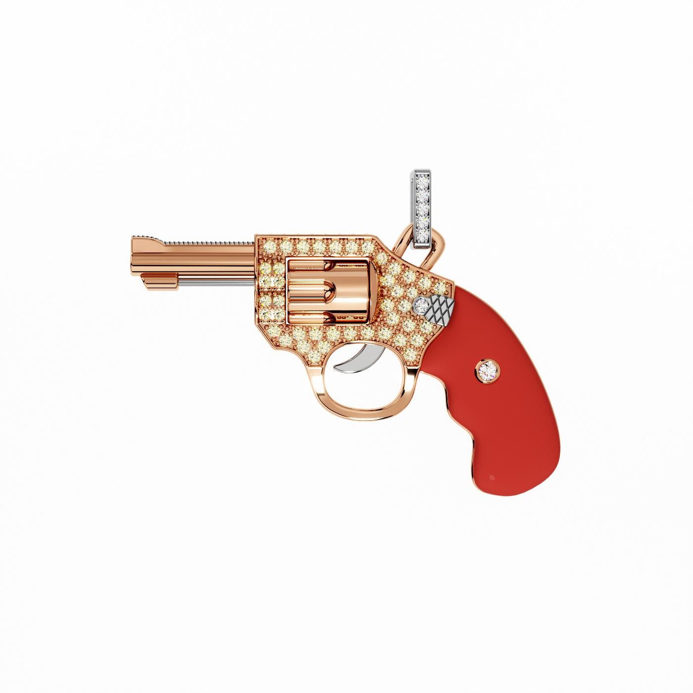 Diamond Gun Revolver Red Carnelian Gem 18 Karat Rose Gold Necklace Pendant Charm
18 Karat Gold
Genuine Carnelian Stone & Natural Diamonds 0.50 CTW
Approximate Mini Peacemaker Length: 1.3” inches / 3.3 centimeters
Approximate Chain Length: Adjustable