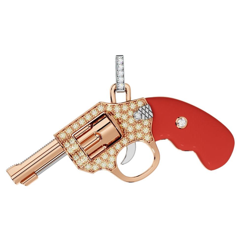 Collier pendentif Gun Revolver en or rose 18 carats avec diamants et cornaline rouge en vente