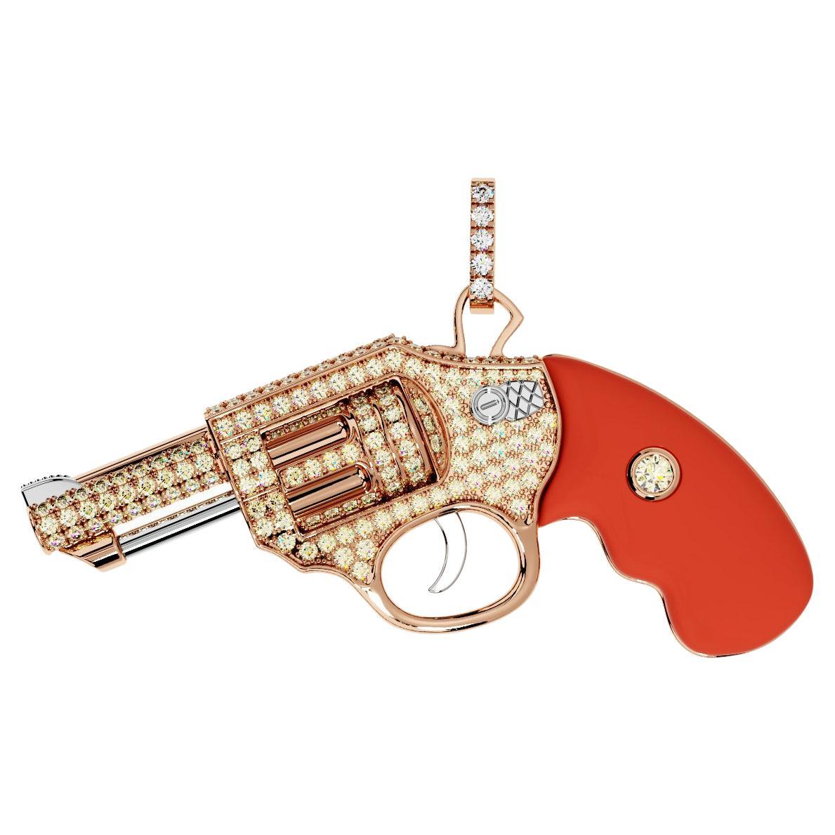 Collier pendentif Gun Revolver en or rose 18 carats avec diamants et cornaline rouge