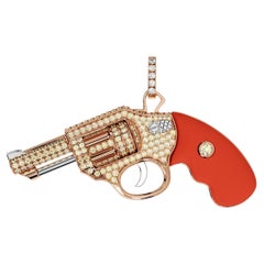 Used Diamond Gun Revolver Red Carnelian Gem 18 Karat Rose Gold Necklace Pendant Charm
