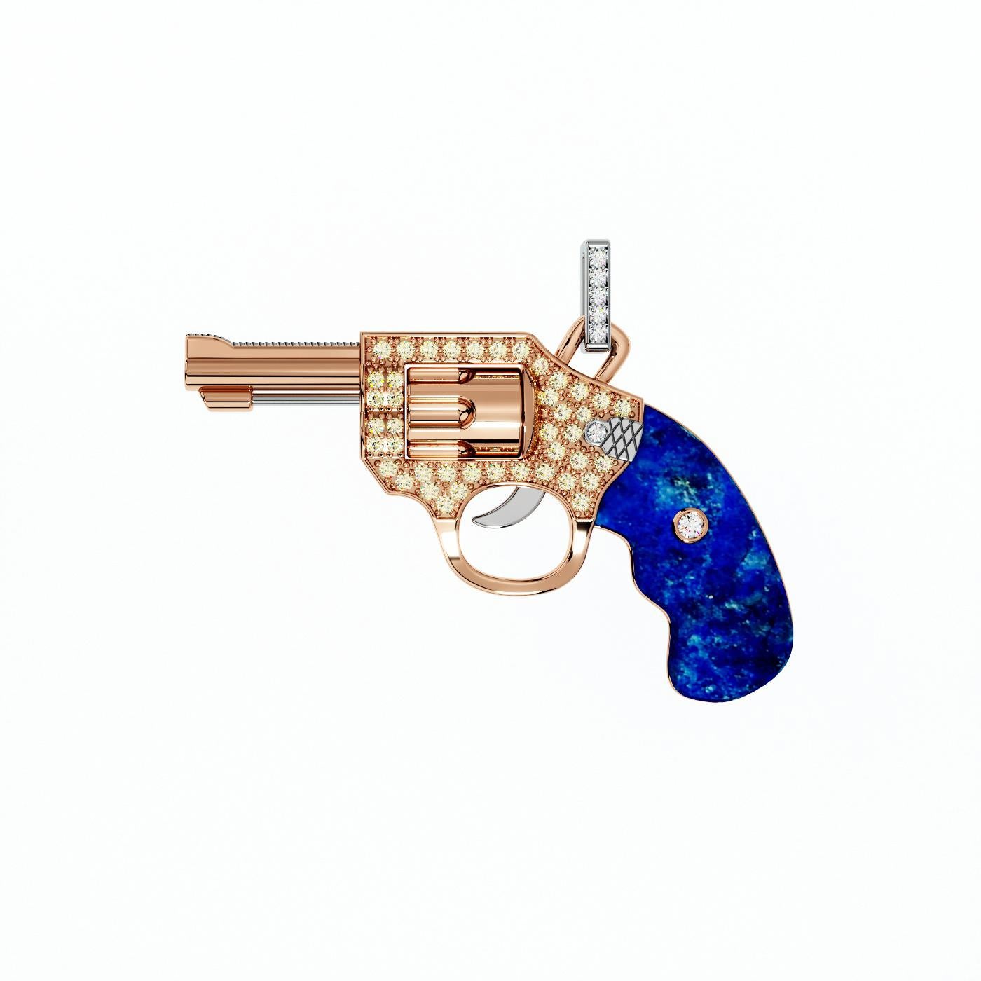 Diamond Gun Revolver Lapis Lazuli Gem 18 Karat Rose Gold Necklace Pendant Charm
18 Karat Gold
Genuine Lapis Lazuli Stone & Natural Diamonds 0.50 CTW
Approximate Mini Peacemaker Length: 1.3” inches / 3.3 centimeters
Approximate Chain Length: