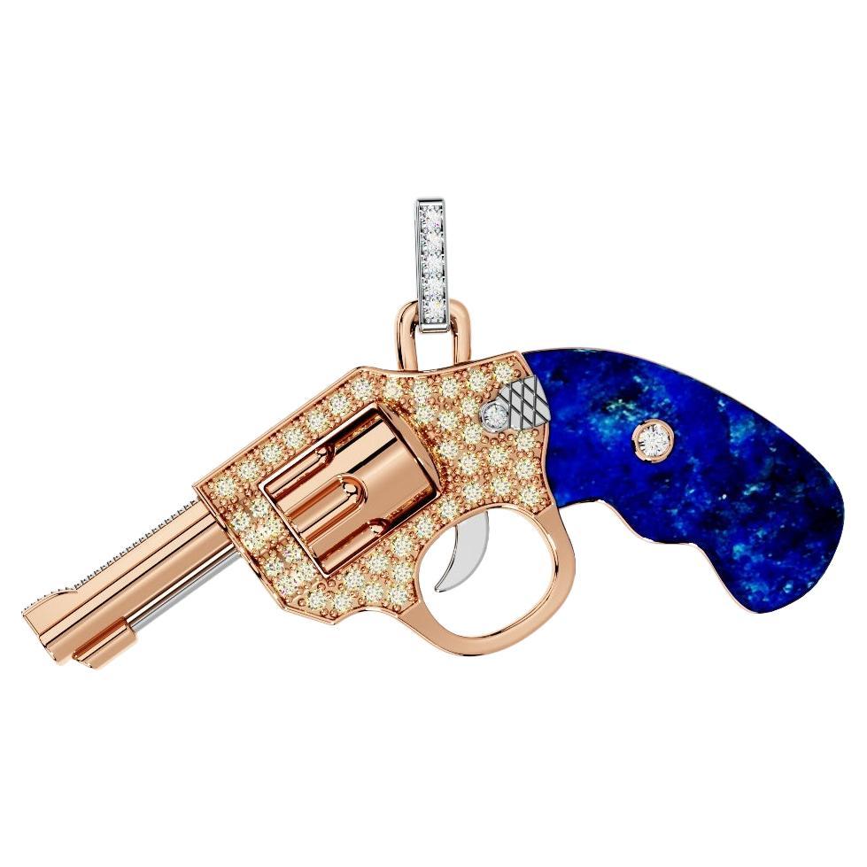 Collier pendentif Gun Revolver en or rose 18 carats avec lapis-lazuli et pierres précieuses en vente