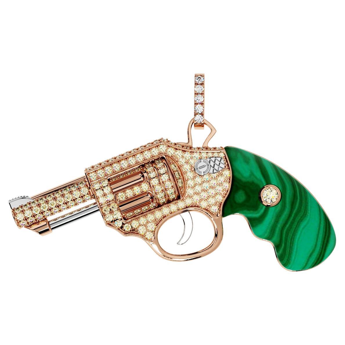 Collier pendentif Gun Revolver en or rose 18 carats et malachite verte avec diamants