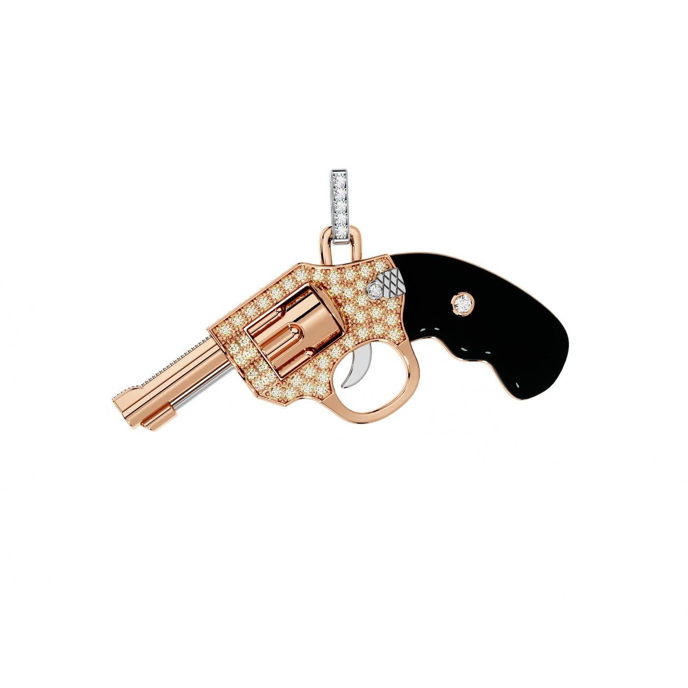 Moderne Collier pendentif Gun Revolver en or rose 18 carats avec diamants et onyx noir  en vente
