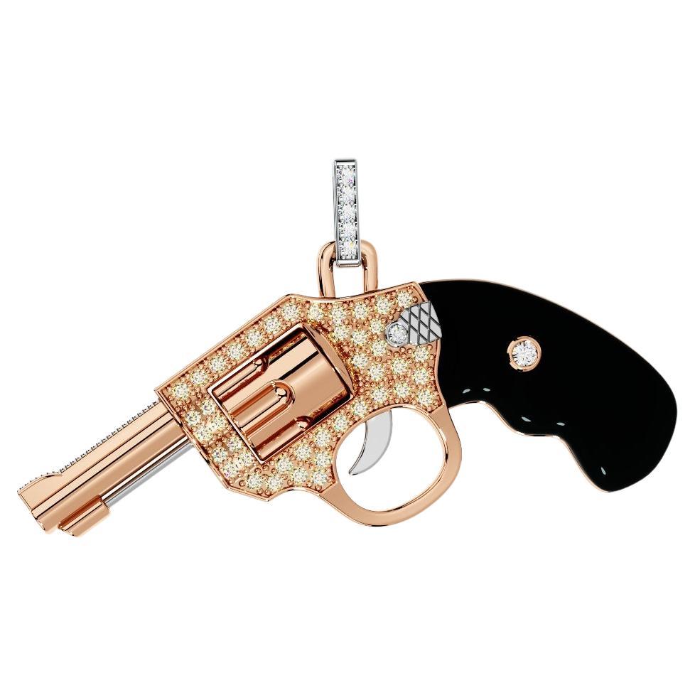 Diamond Gun Revolver Black Onyx Gem 18 Karat Rose Gold Necklace Pendant Charm  For Sale