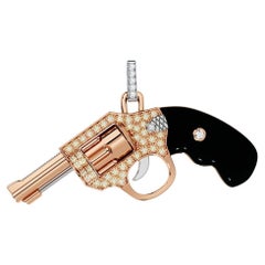 Used Diamond Gun Revolver Black Onyx Gem 18 Karat Rose Gold Necklace Pendant Charm 