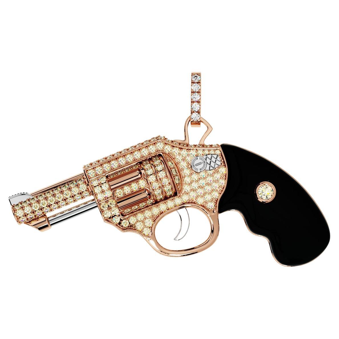 Diamond Gun Revolver Black Onyx Gem 18 Karat Rose Gold Necklace Pendant Charm For Sale
