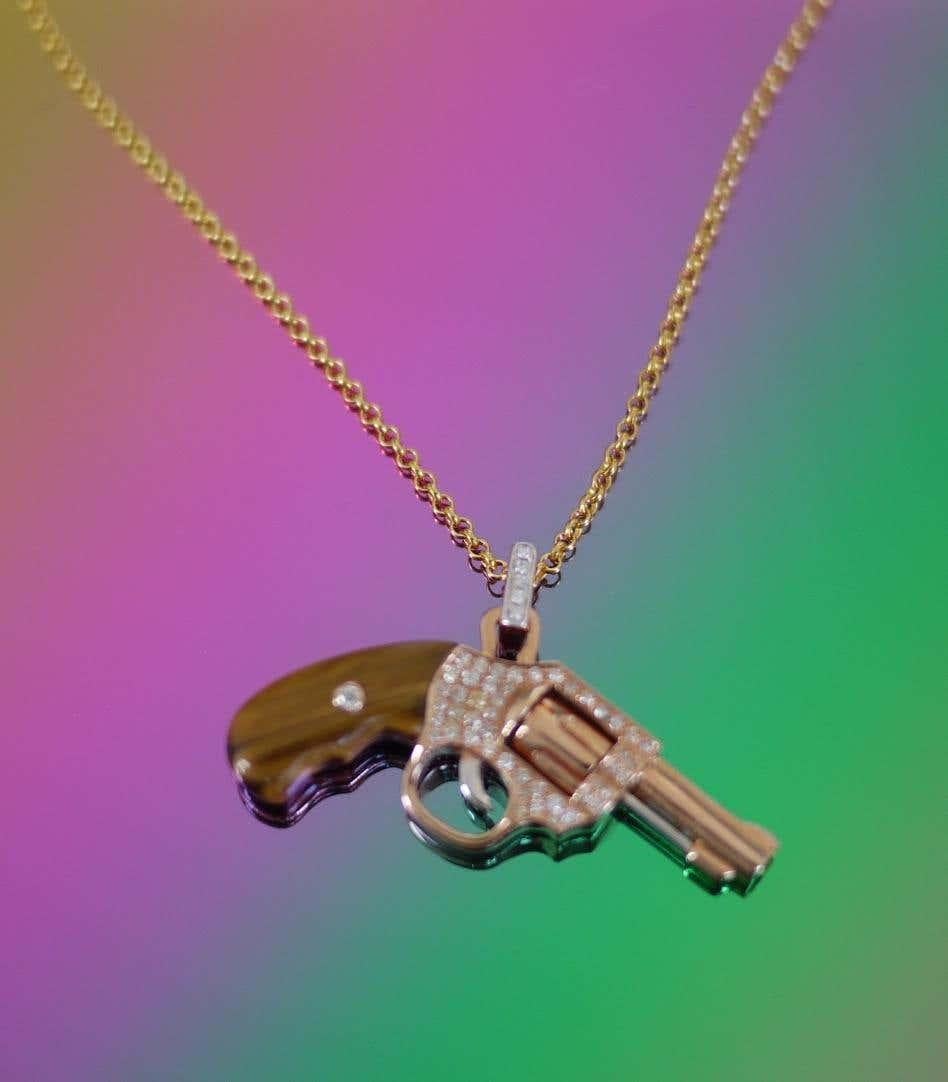 Mixed Cut Diamond Gun Revolver Rosewood Gem 18 Karat Rose Gold Necklace Pendant Charm  For Sale