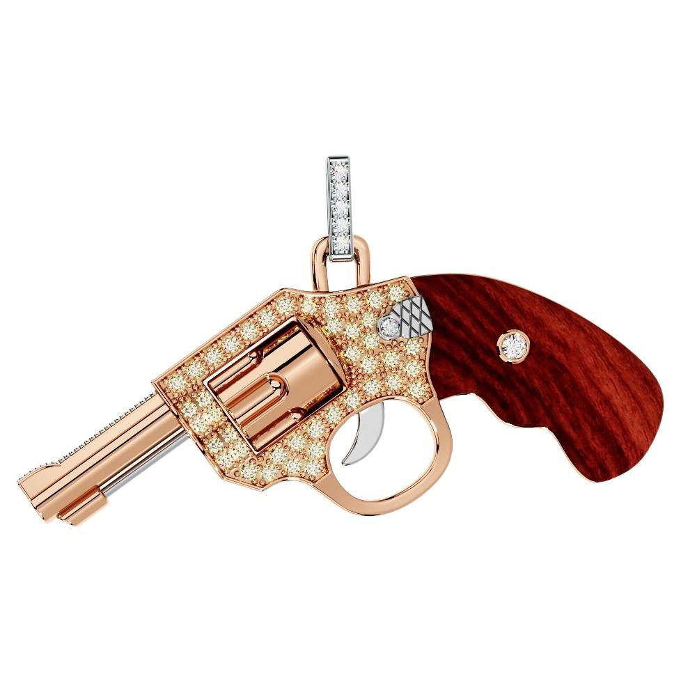 Collier pendentif Gun Revolver en or rose 18 carats avec diamants et pierres précieuses de bois de rose 
