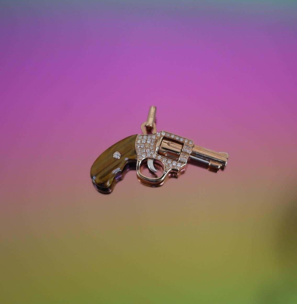 Brilliant Cut Diamond Gun Revolver Tiger's Eye Gem 18 Karat Rose Gold Necklace Pendant Charm  For Sale