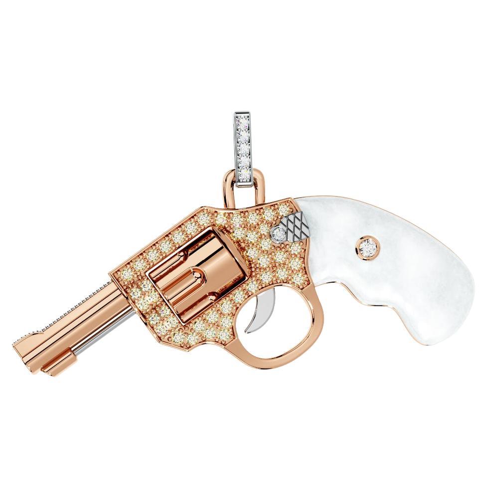 Diamond Gun Revolver White Pearl Gem 18 Karat Rose Gold Necklace Pendant Charm For Sale