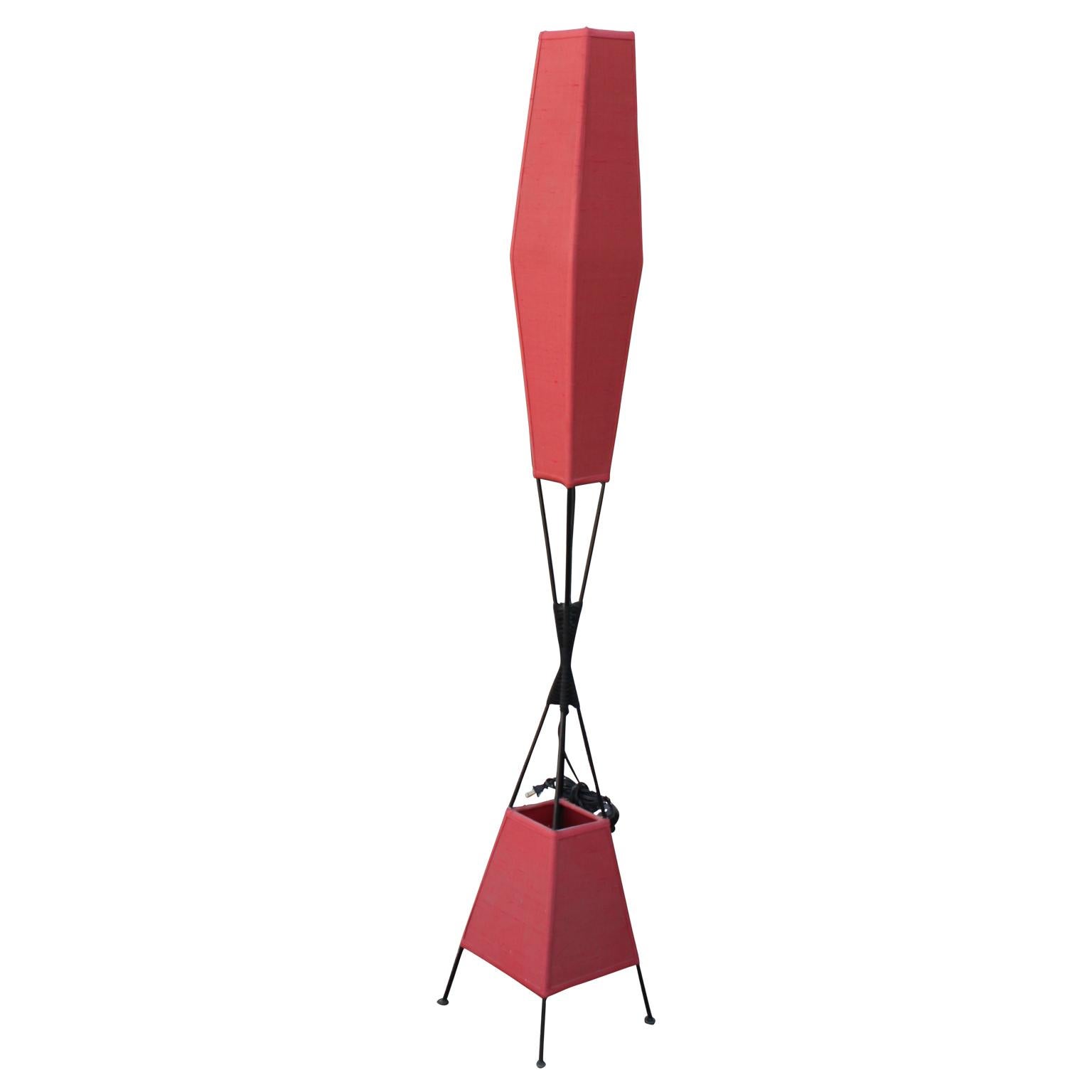 Modern wrought iron and red floor lamp. In the style of Raymor or Tony Paul. Unique lamp to add to any space.