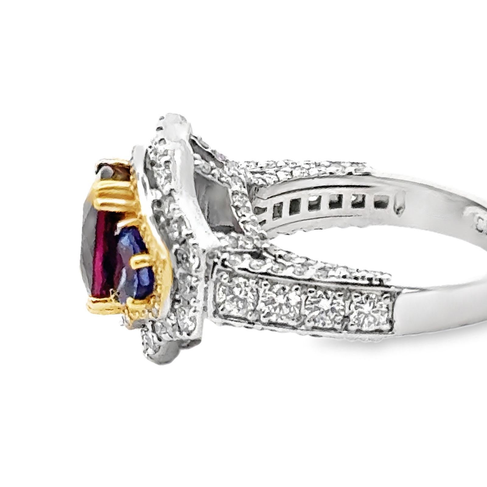 Granato di rodolite moderno, tanzanite e diamanti  Anello Cocktail in oro bicolore 18K in vendita 1