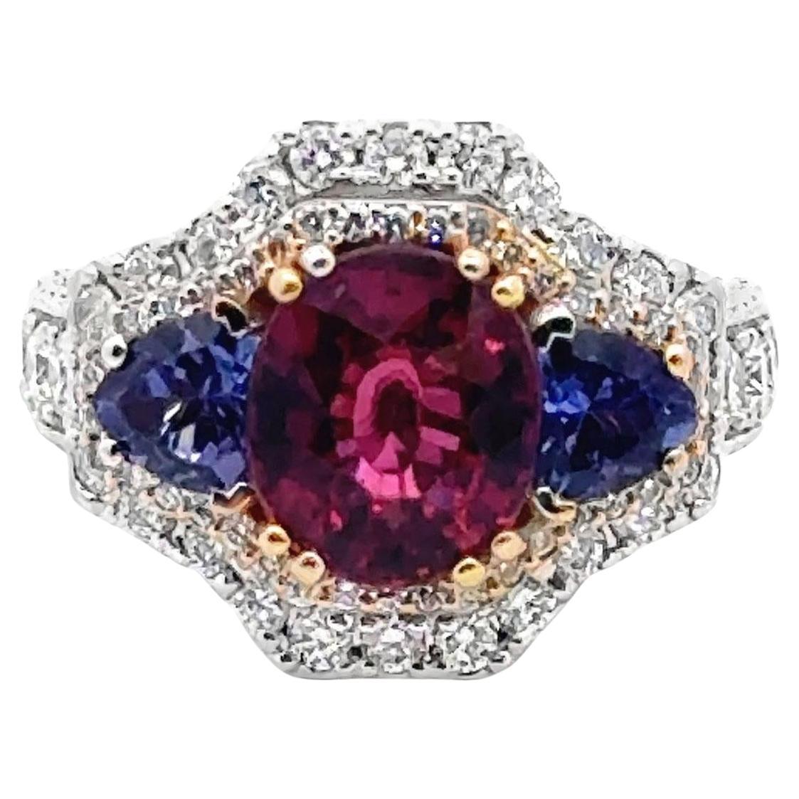 Modern Rhodolite Garnet Tanzanite & Diamond  18K Two Tone Gold Cocktail Ring