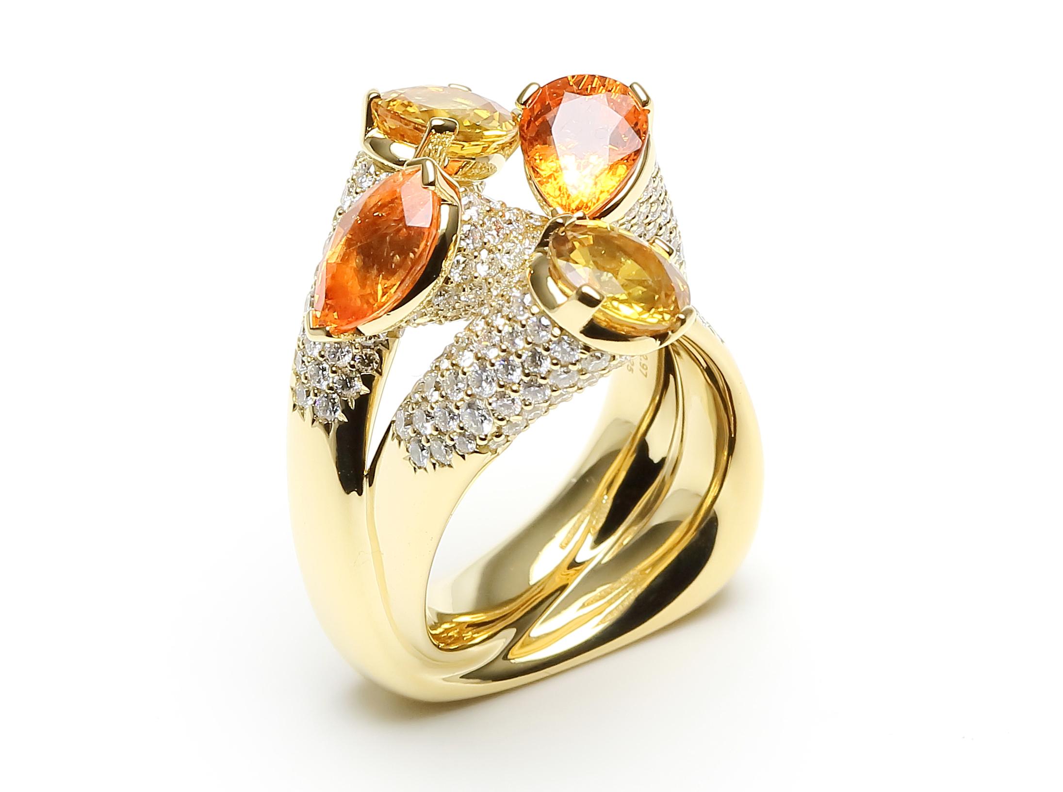 Sunrise Twist Layers Ring

Diamond Orange Yellow Sapphire Cocktail Luxury Unique 18 Karat Yellow Gold Ring 

The winning swing and the architectural purity are the relevant ingredients for these rings of contemporary inspiration. Not only a matter