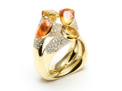 Diamond Orange Yellow Sapphire Cocktail Luxury Unique 18 Karat Yellow Gold Ring