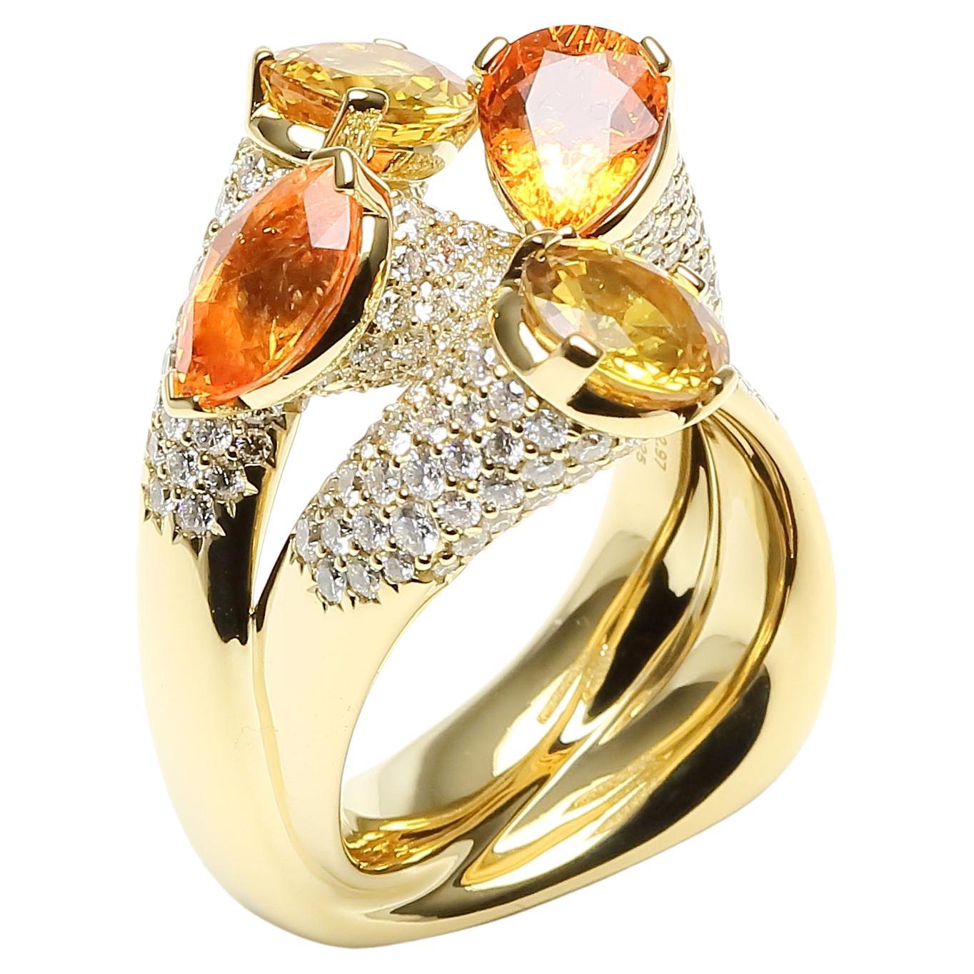 Diamond Orange Yellow Sapphire Cocktail Luxury Unique 18 Karat Yellow Gold Ring For Sale
