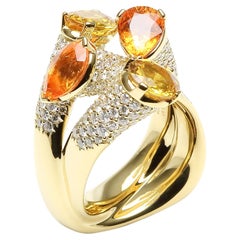 Bague cocktail de luxe unique en or jaune 18 carats avec diamants et saphirs orange et jaune