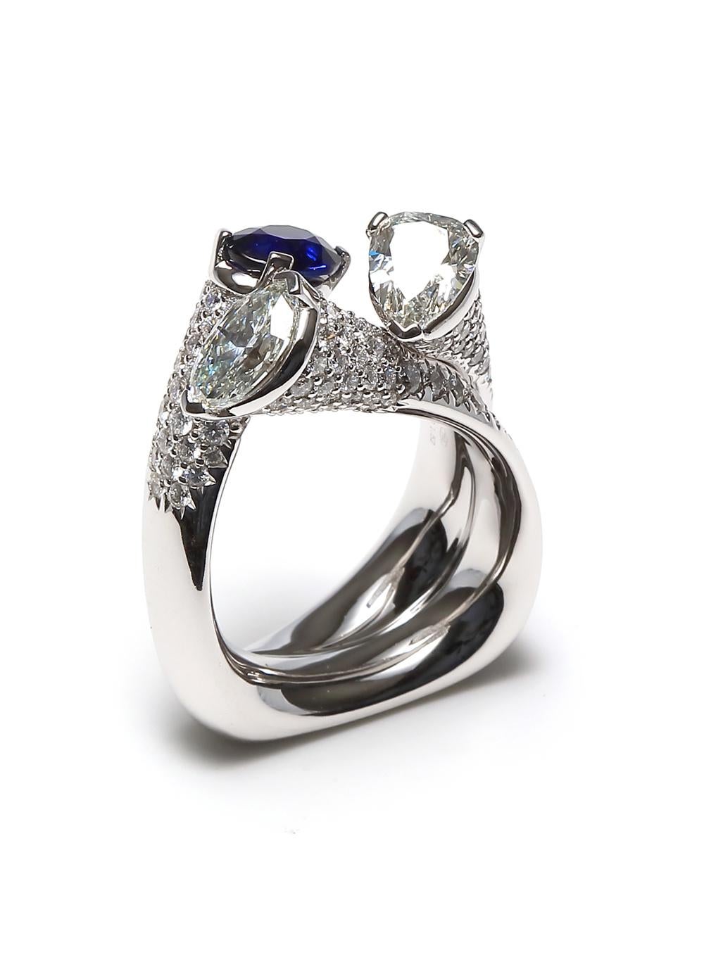 Oval Cut Modern Ring - Sapphires & White Diamonds set in 18K White Gold  For Sale