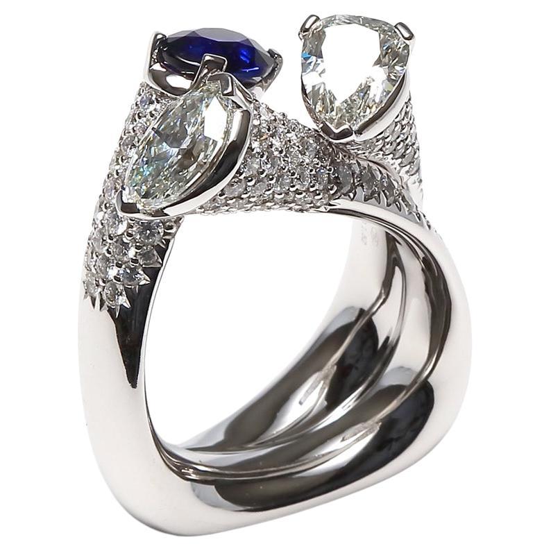 Modern Ring - Sapphires & White Diamonds set in 18K White Gold 