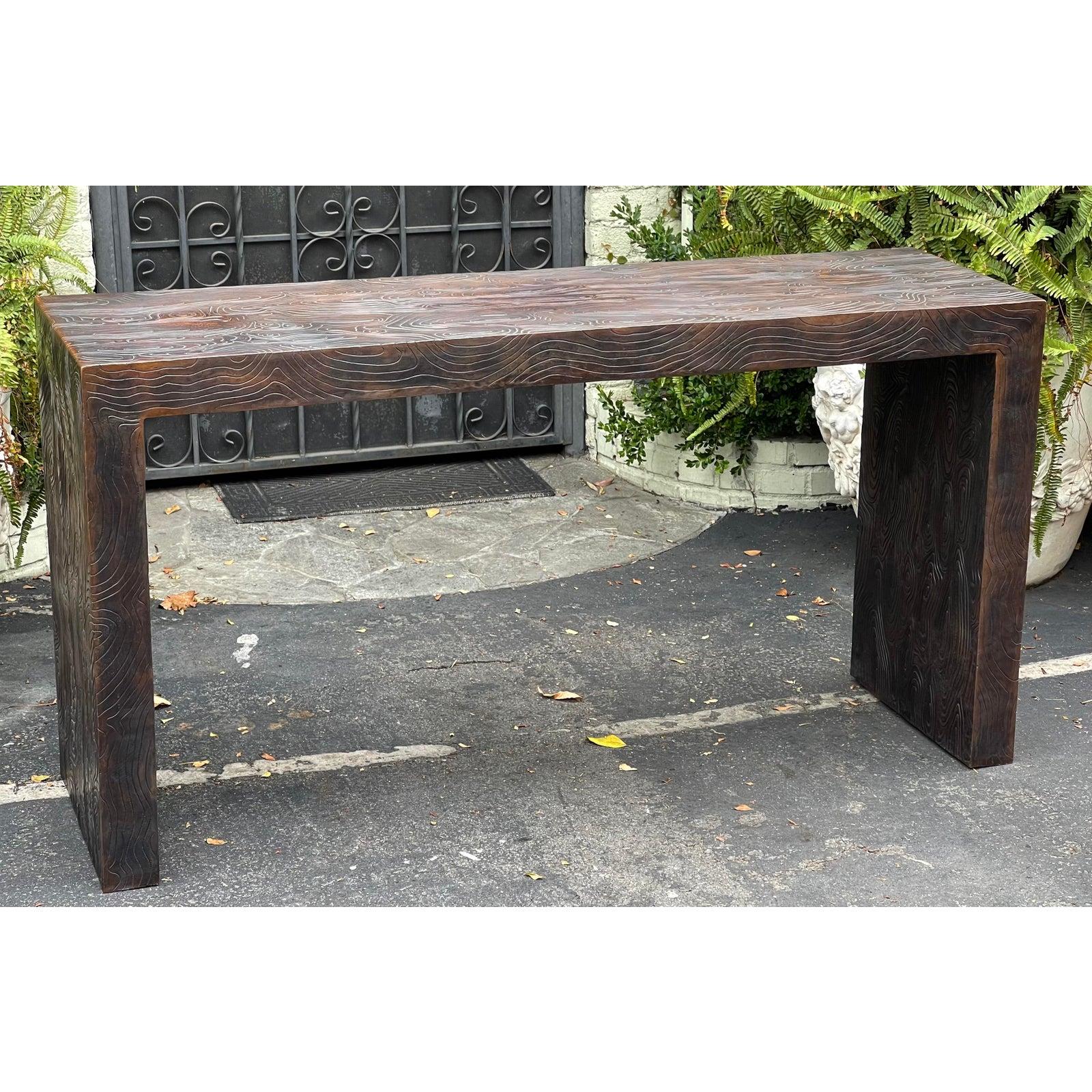 Modern Robert Kuo Copper Faux Bois console table.