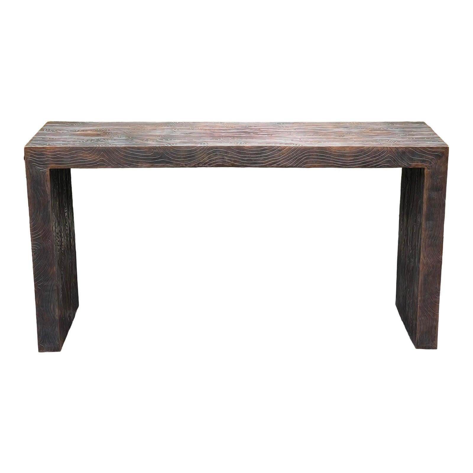 Modern Robert Kuo Copper Faux Bois Console Table In Good Condition In LOS ANGELES, CA