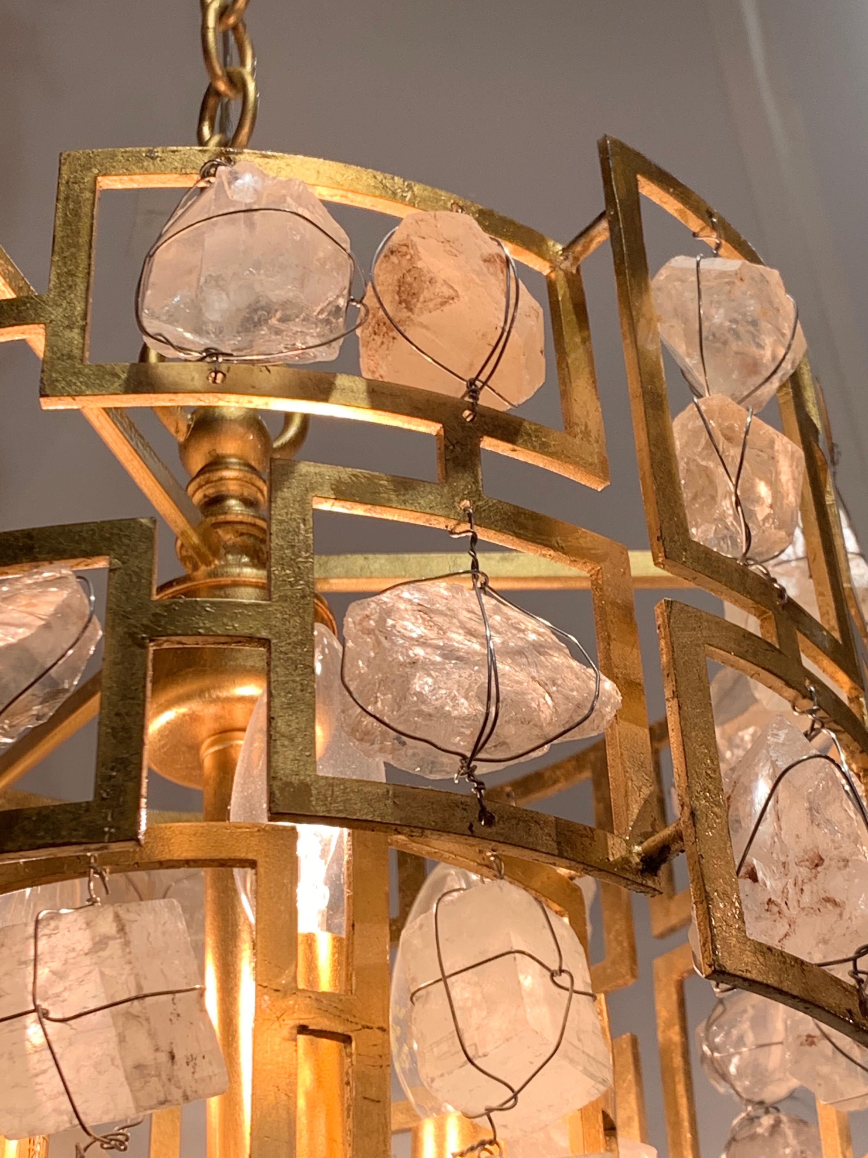 Contemporary Modern Rock Crystal and Gilt Metal Chandelier