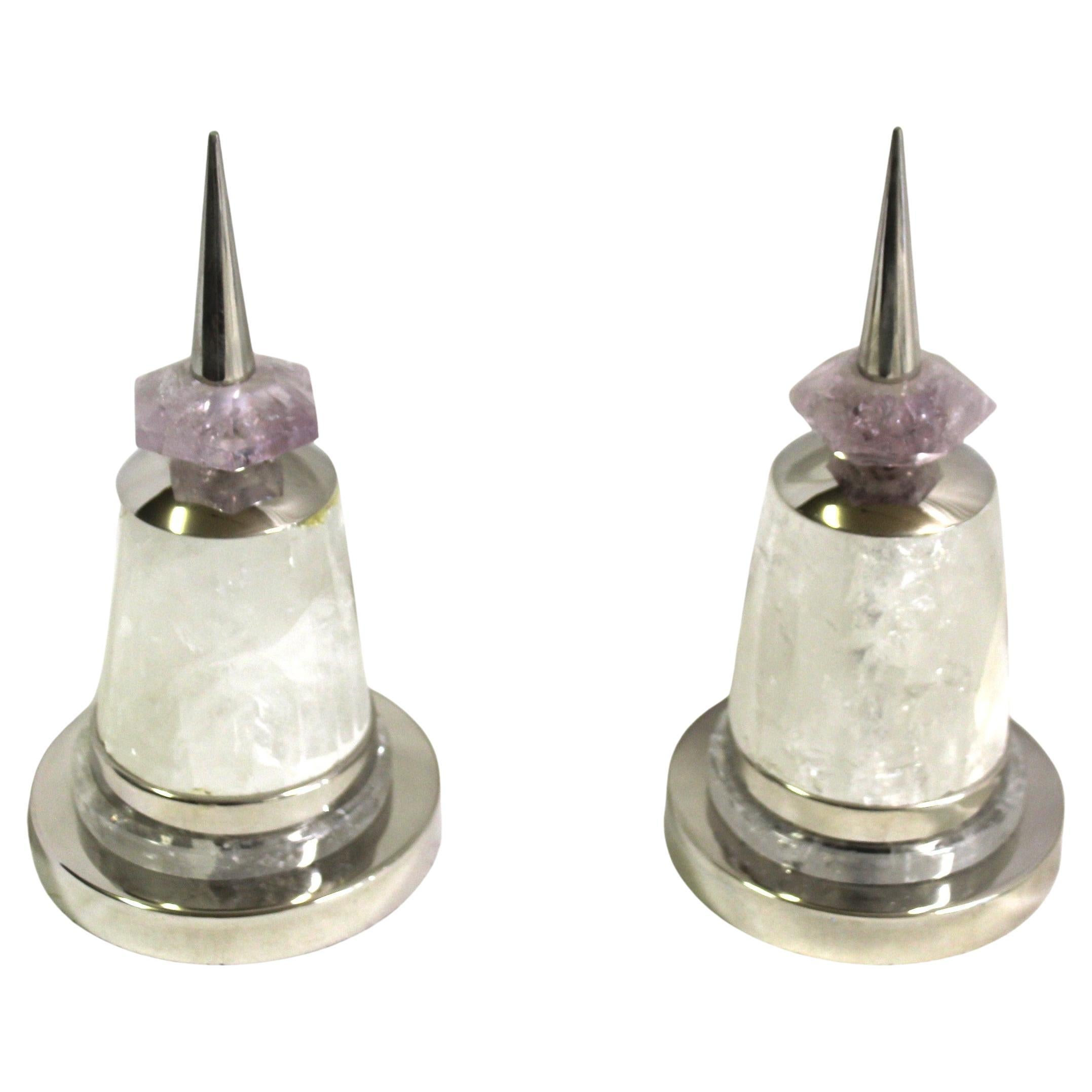 Decoraciones modernas de cristal de roca, amatista , par de níquel pulido