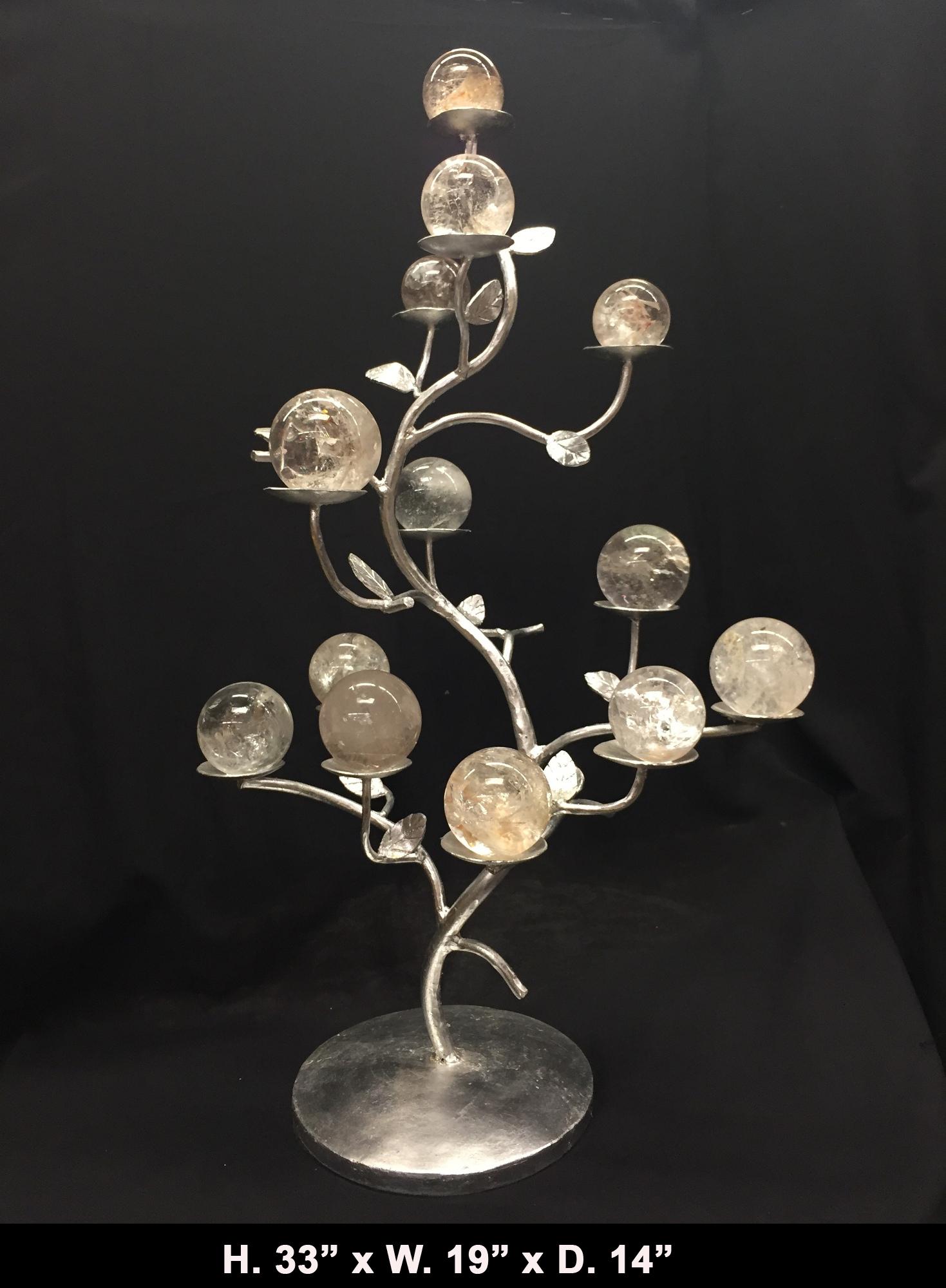 Hand-Carved Modern Rock Crystal Silver-Leafed Tree Formed Centrepiece For Sale