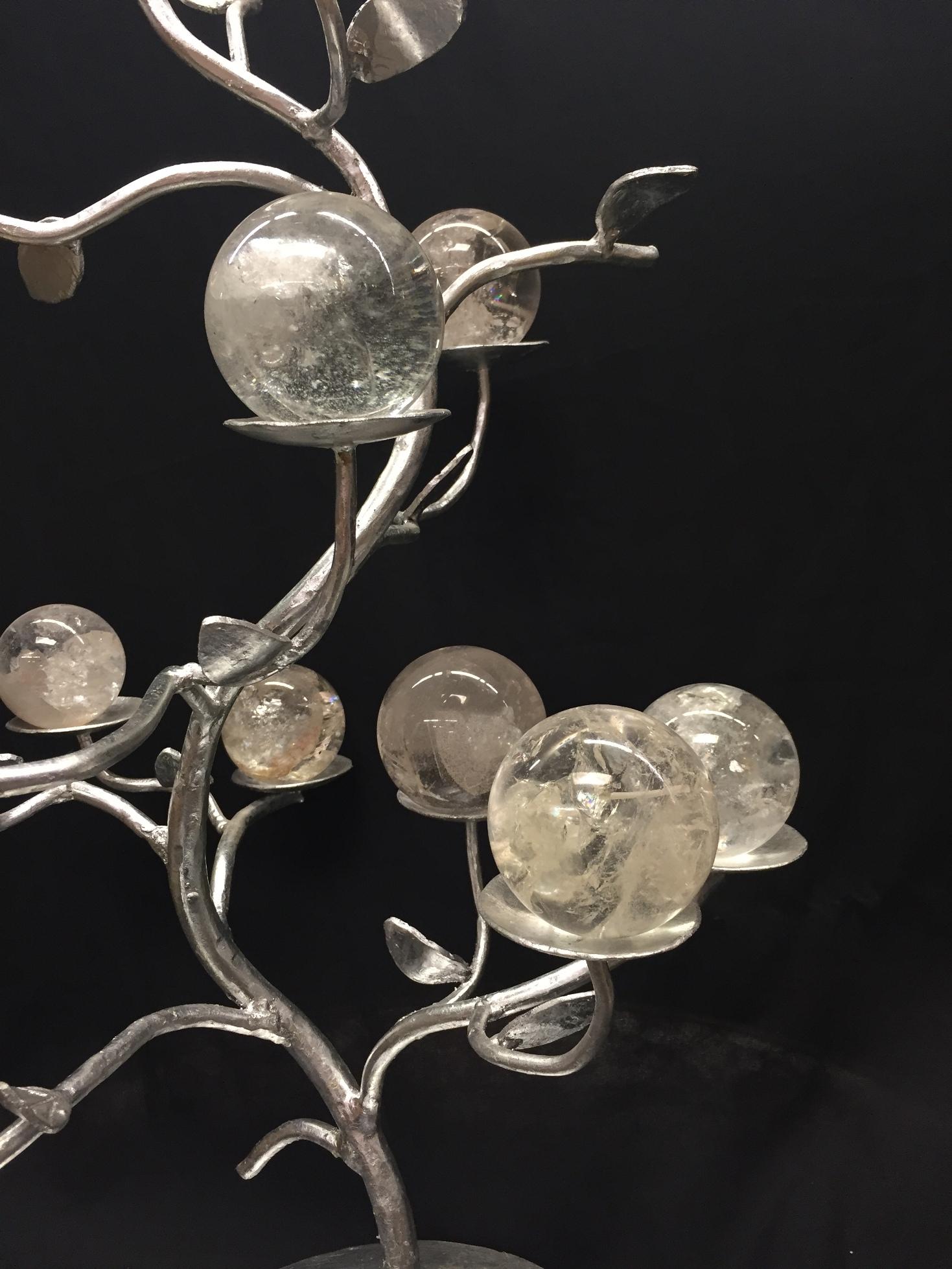 Modern Rock Crystal Silver-Leafed Tree Formed Centrepiece In Excellent Condition For Sale In Cypress, CA